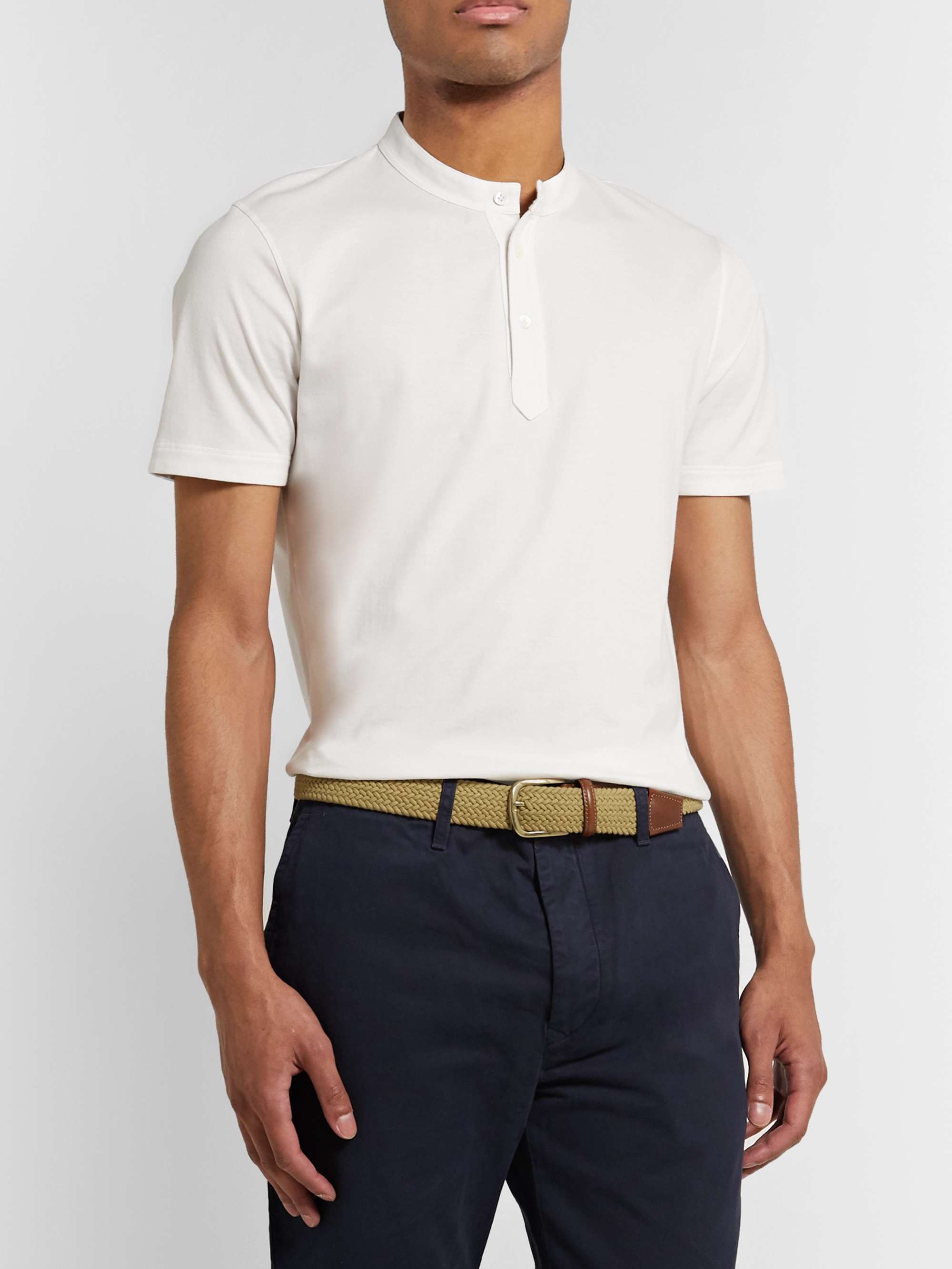 ANDERSON & SHEPPARD 3.5cm Leather-Trimmed Woven Stretch-Cotton Belt