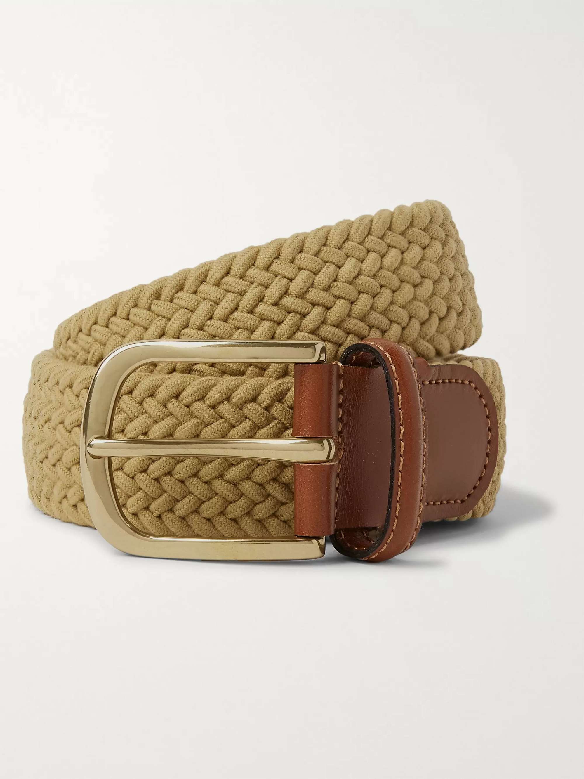 ANDERSON & SHEPPARD 3.5cm Leather-Trimmed Woven Stretch-Cotton Belt