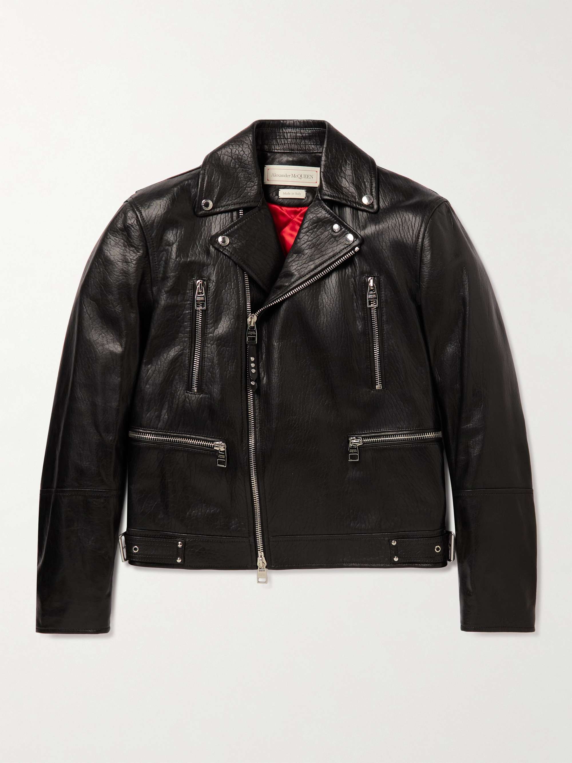 ALEXANDER MCQUEEN Slim Fit Zip Detailed Leather Biker Jacket for