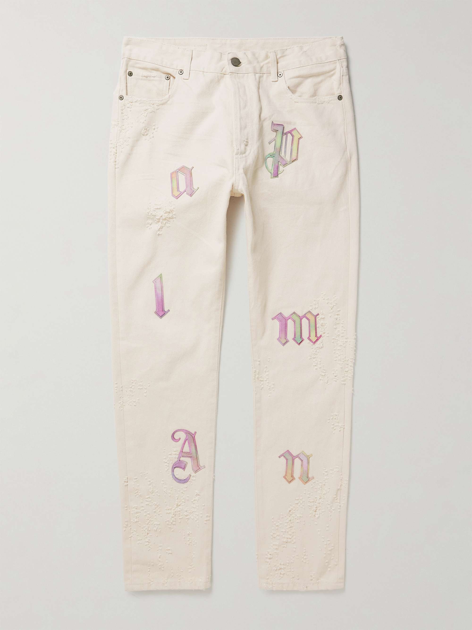 PALM ANGELS Slim-Fit Leather-Appliquéd Distressed Jeans | MR PORTER