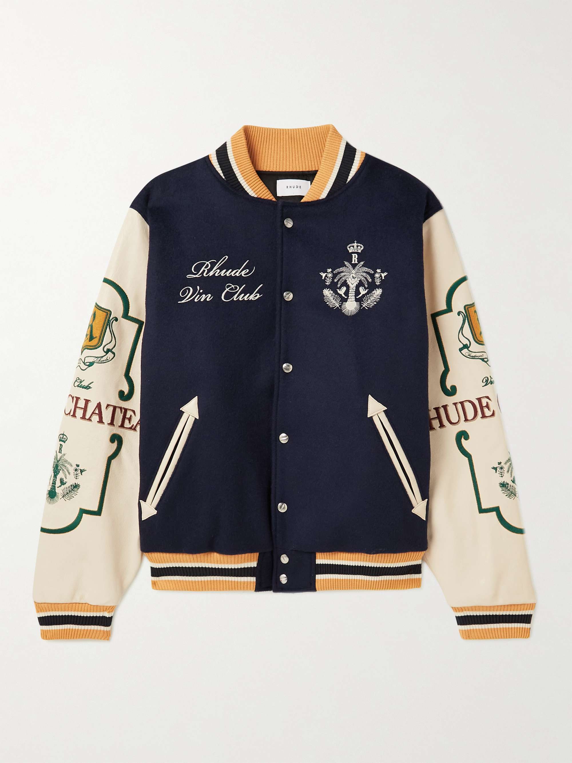 Wine Club Logo-Embroidered Full-Grain Leather and Wool-Blend Varsity Jacket