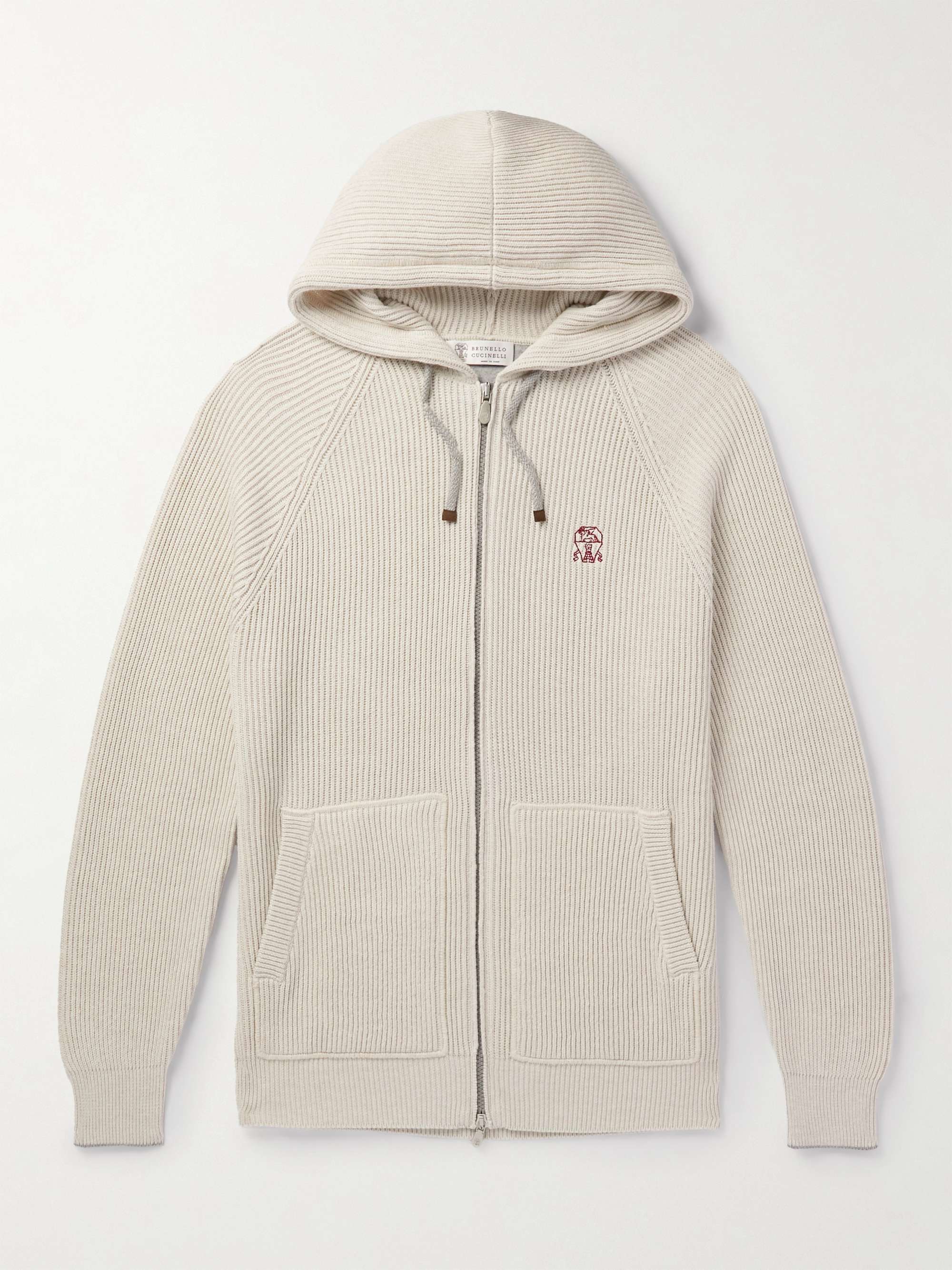 Logo-Embroidered Ribbed Cotton Zip-Up Hoodie