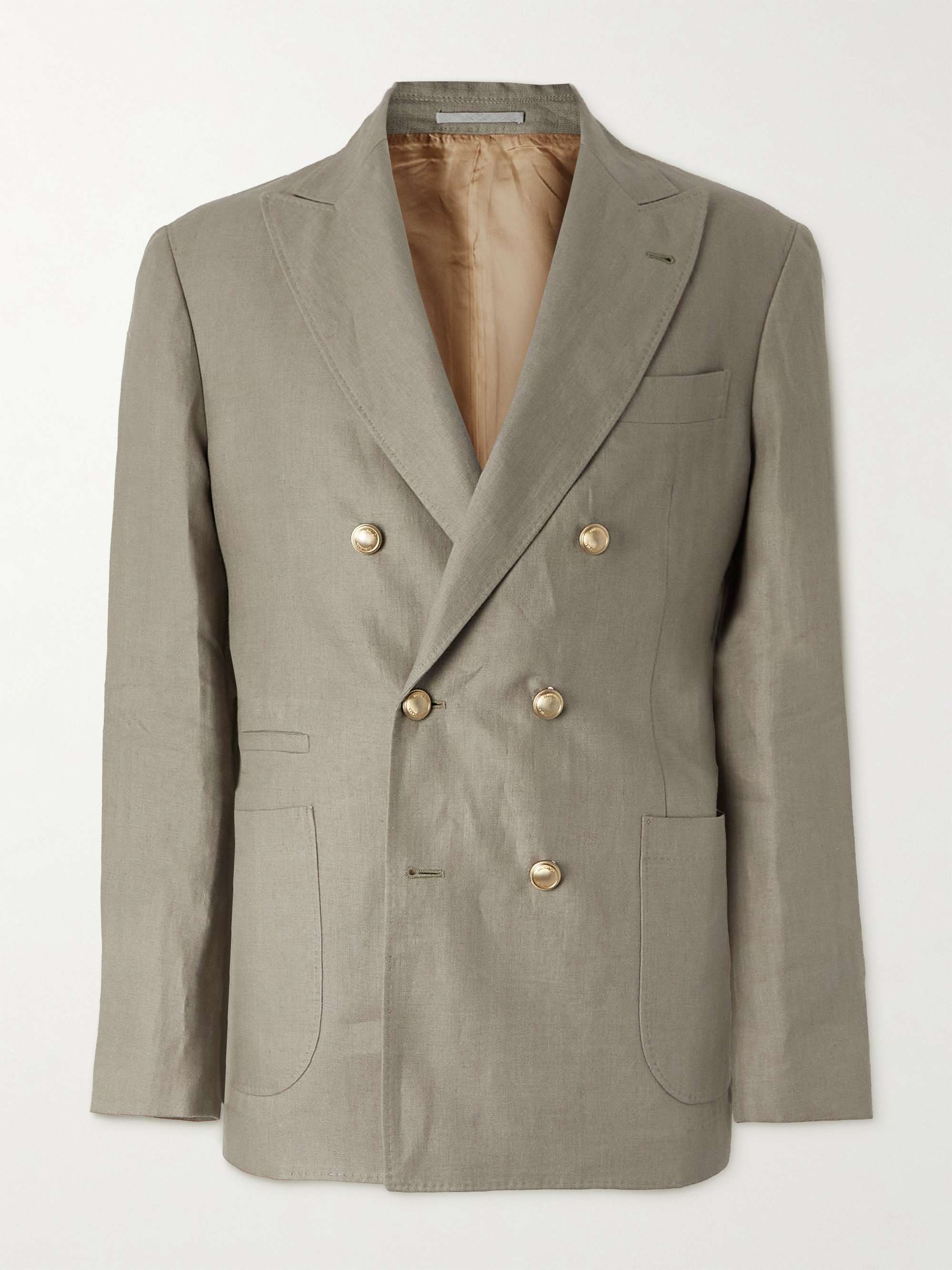 Double-Breasted Herringbone Linen Suit Jacket