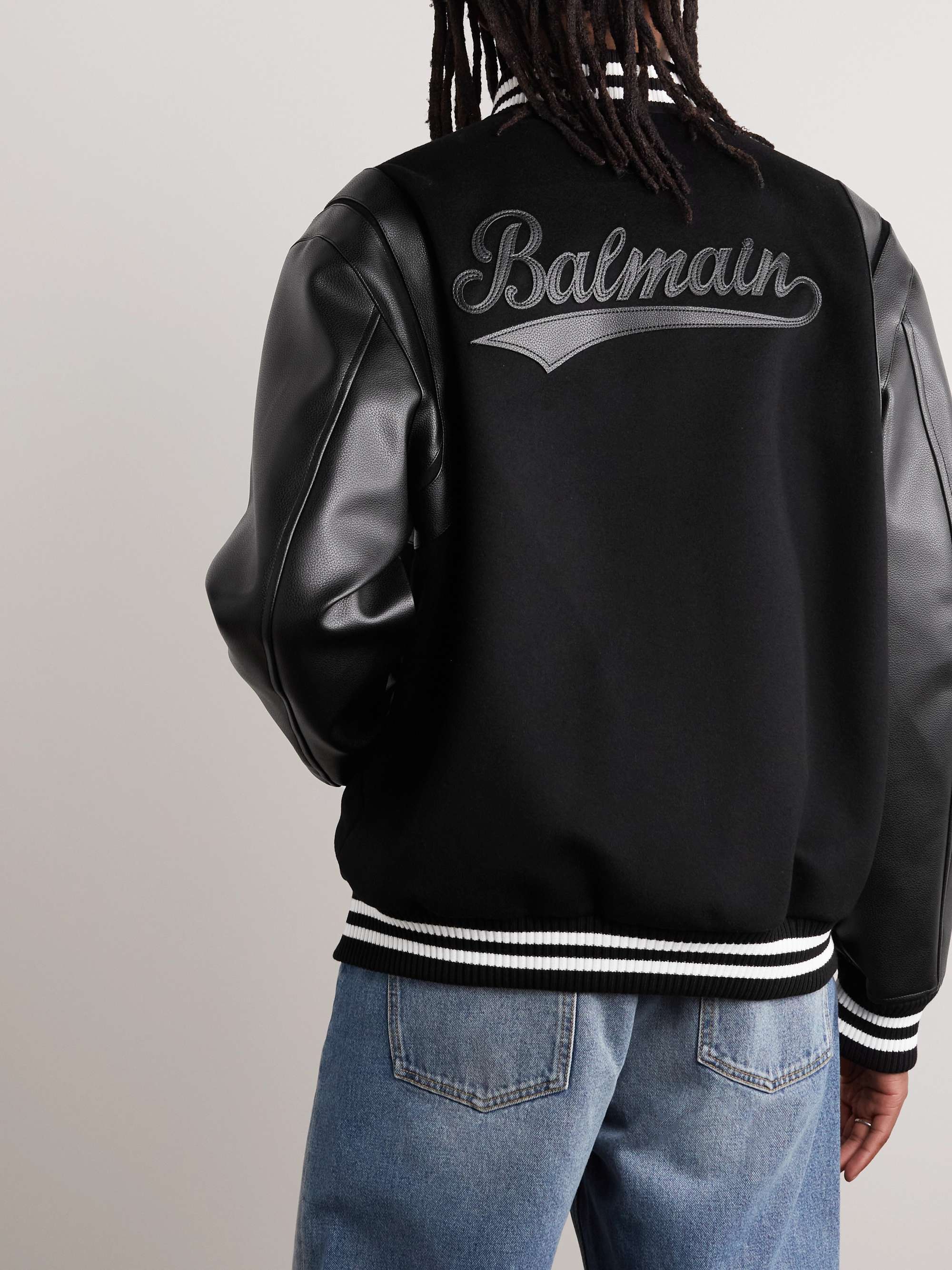 BALMAIN Logo-Appliquéd Wool and Leather Varsity Jacket