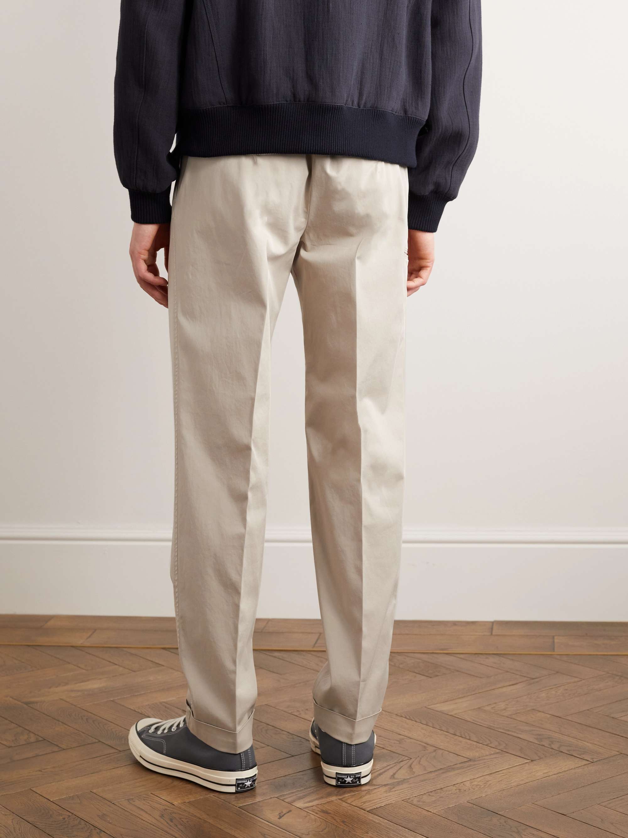 SLOWEAR Straight-Leg Pleated Stretch-Cotton Trousers