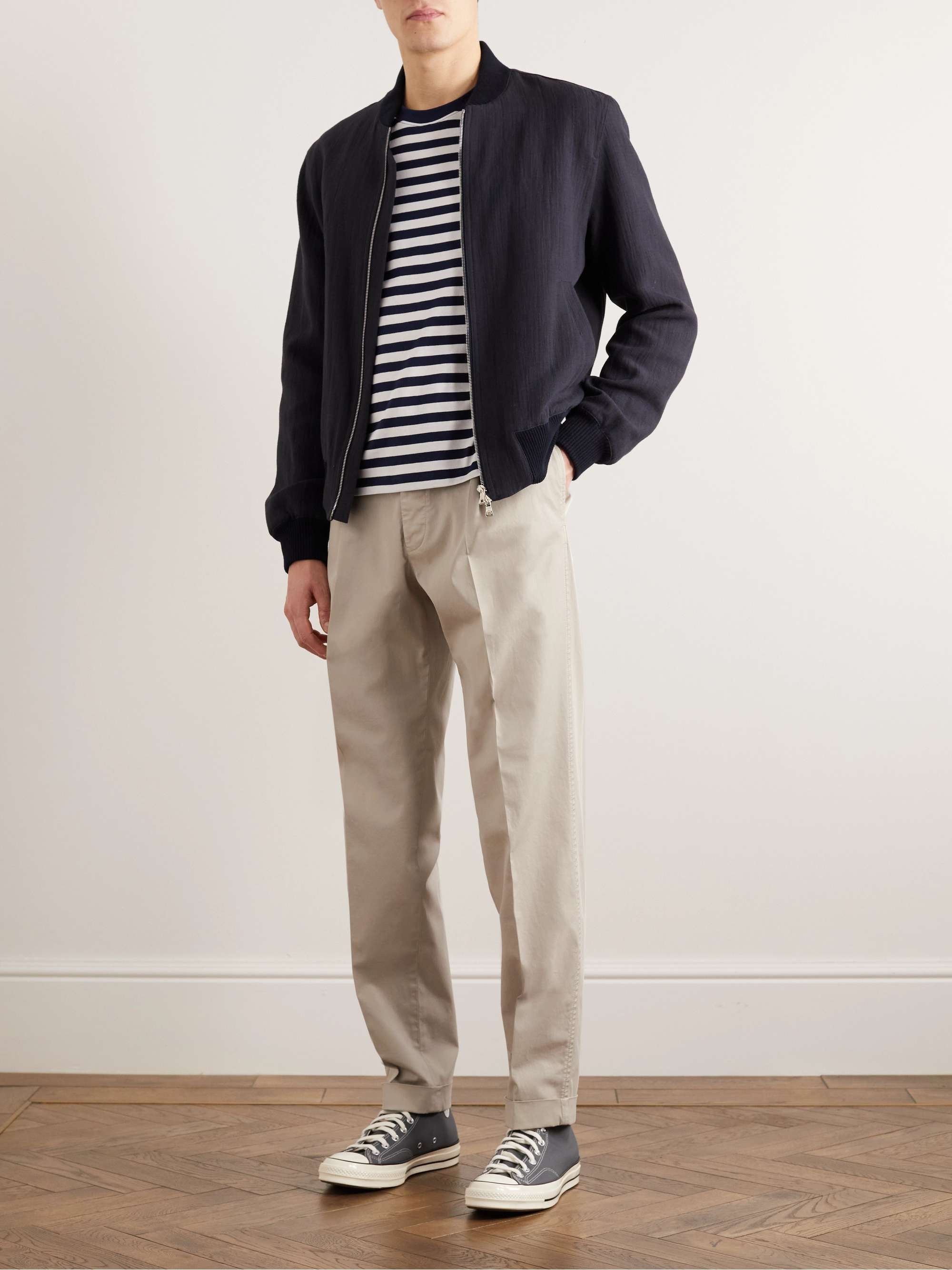 SLOWEAR Straight-Leg Pleated Stretch-Cotton Trousers