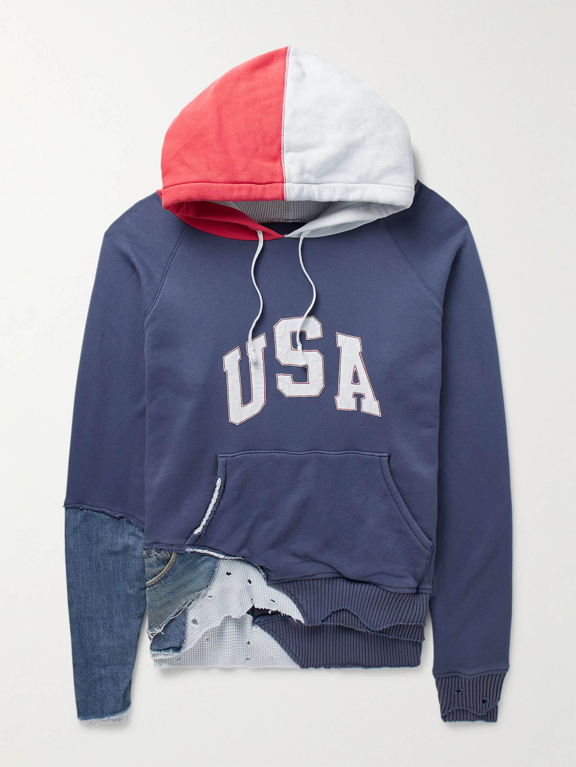 Distressed Appliquéd Denim-Trimmed Cotton-Jersey Hoodie