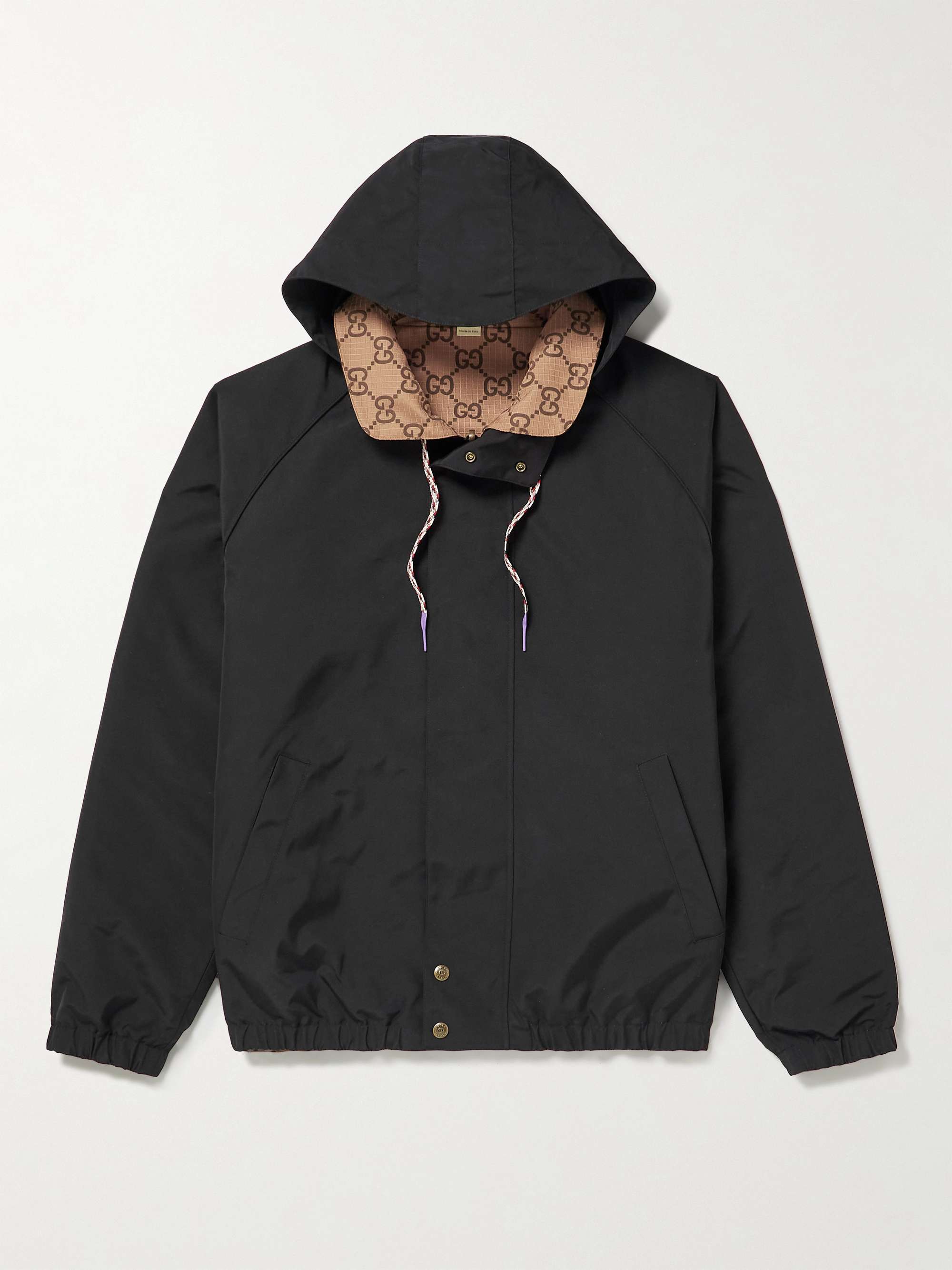 Hooded, nylon jacket with all-over jacquard monogram