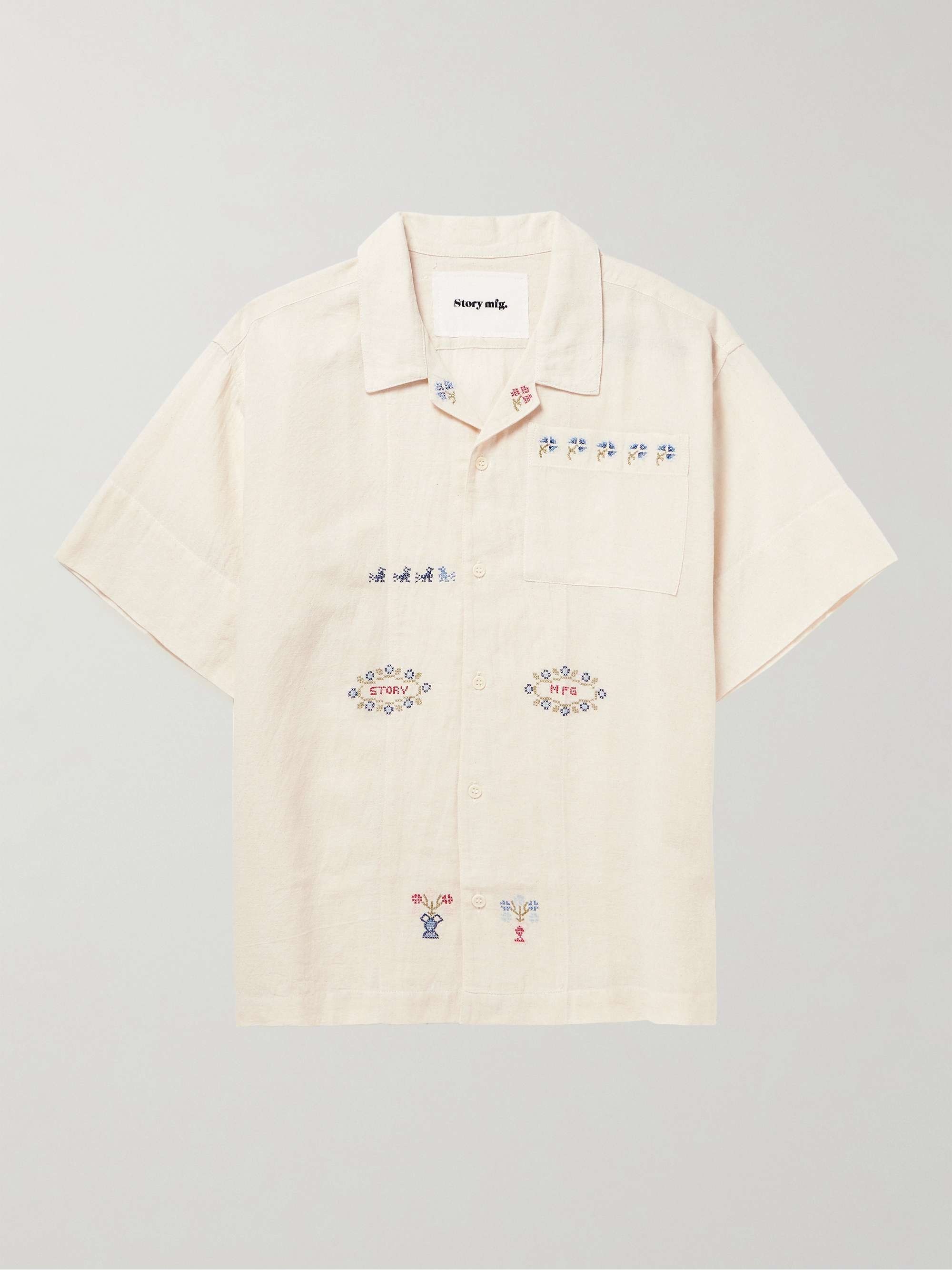 Camp-Collar Embroiderd Cotton and Linen-Blend Shirt