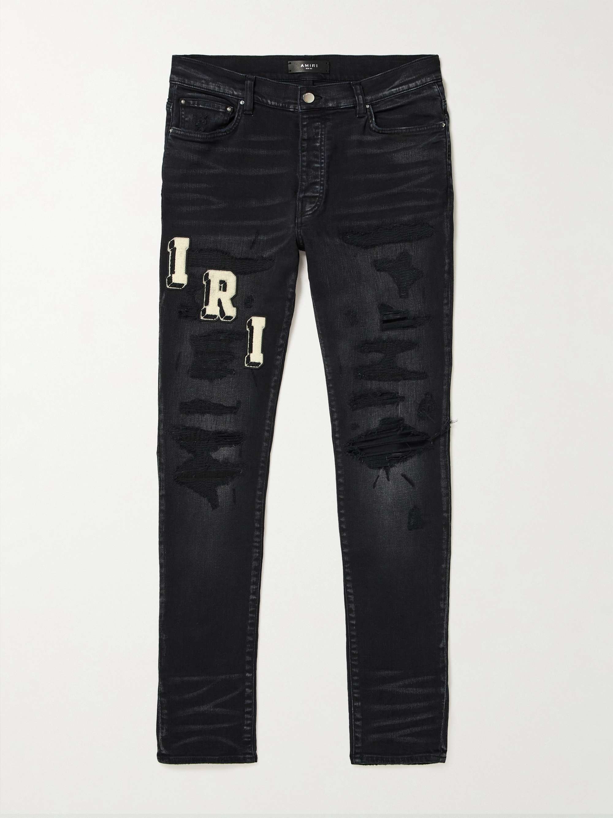 Skinny-Fit Logo-Appliquéd Distressed Jeans