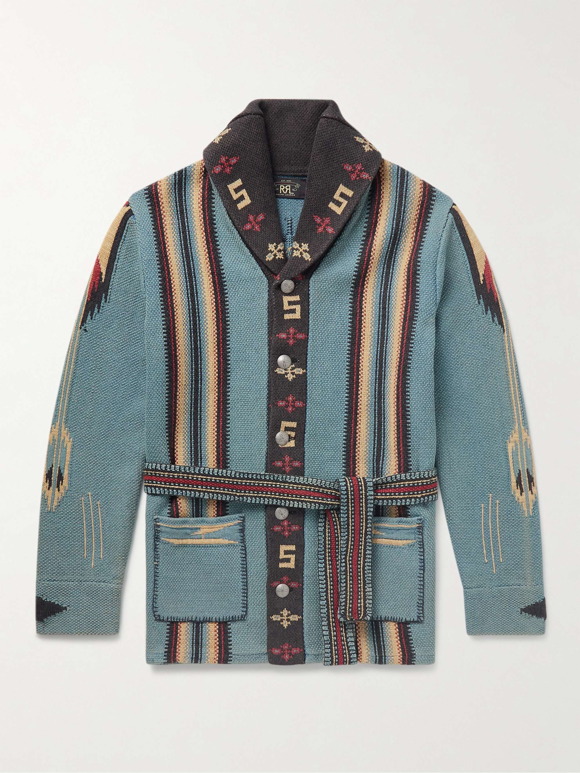 RRL Shawl-Collar Belted Indigo-Dyed Cotton-Blend Jacquard Cardigan