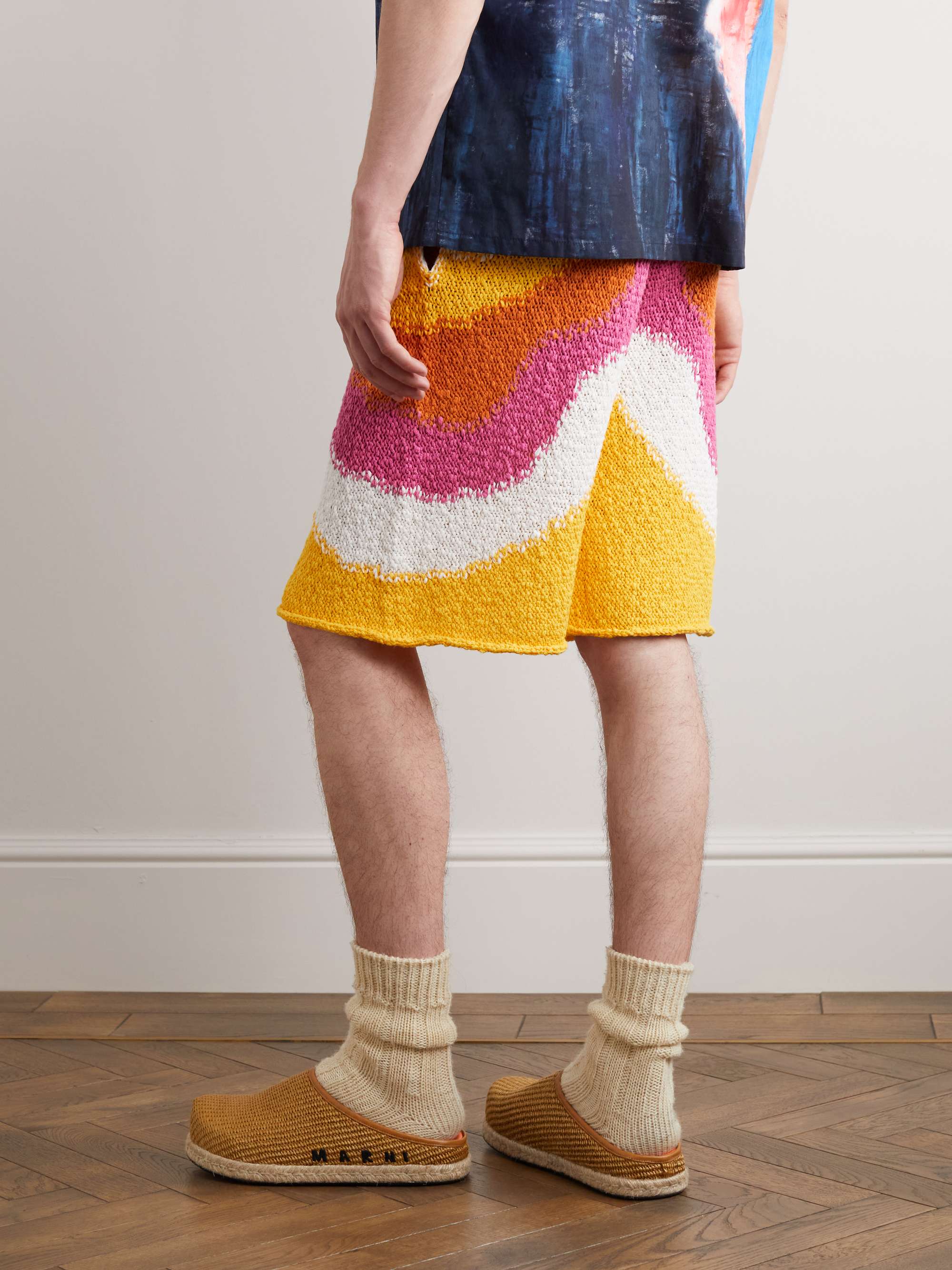 MARNI Straight-Leg Crochet-Knit Striped Cotton Shorts