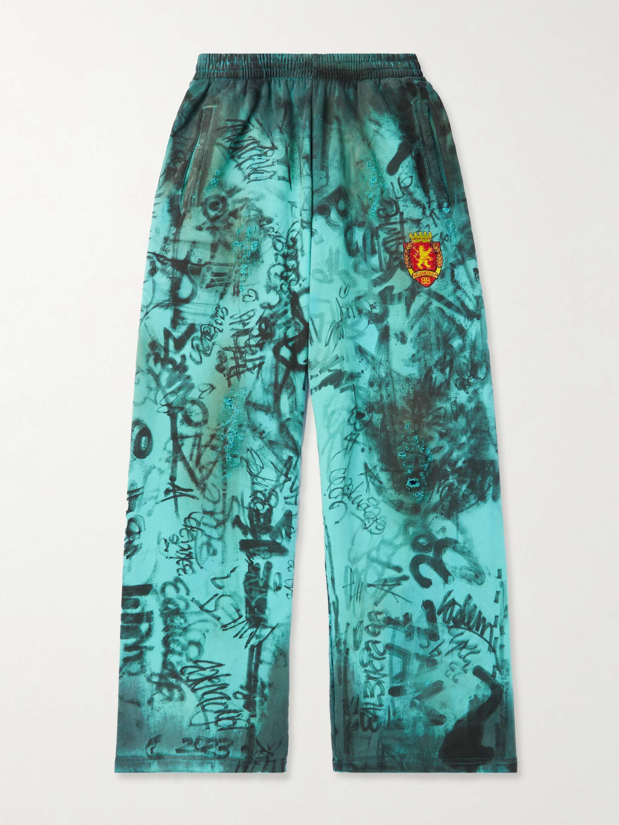 Wide-Leg Logo-Embroidered Distressed Printed Cotton-Jersey Sweatpants