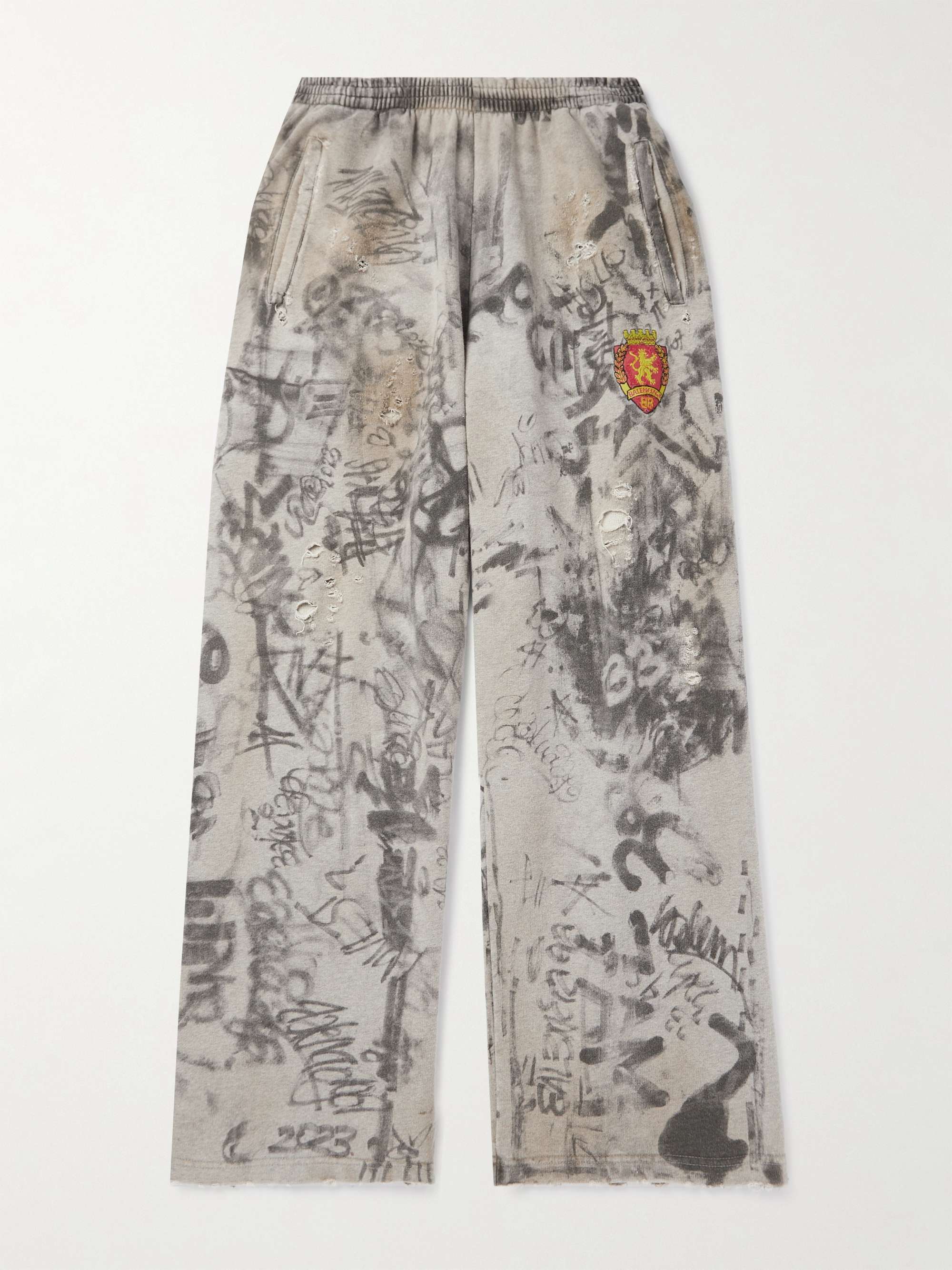 Wide-Leg Logo-Embroidered Distressed Printed Cotton-Jersey Sweatpants