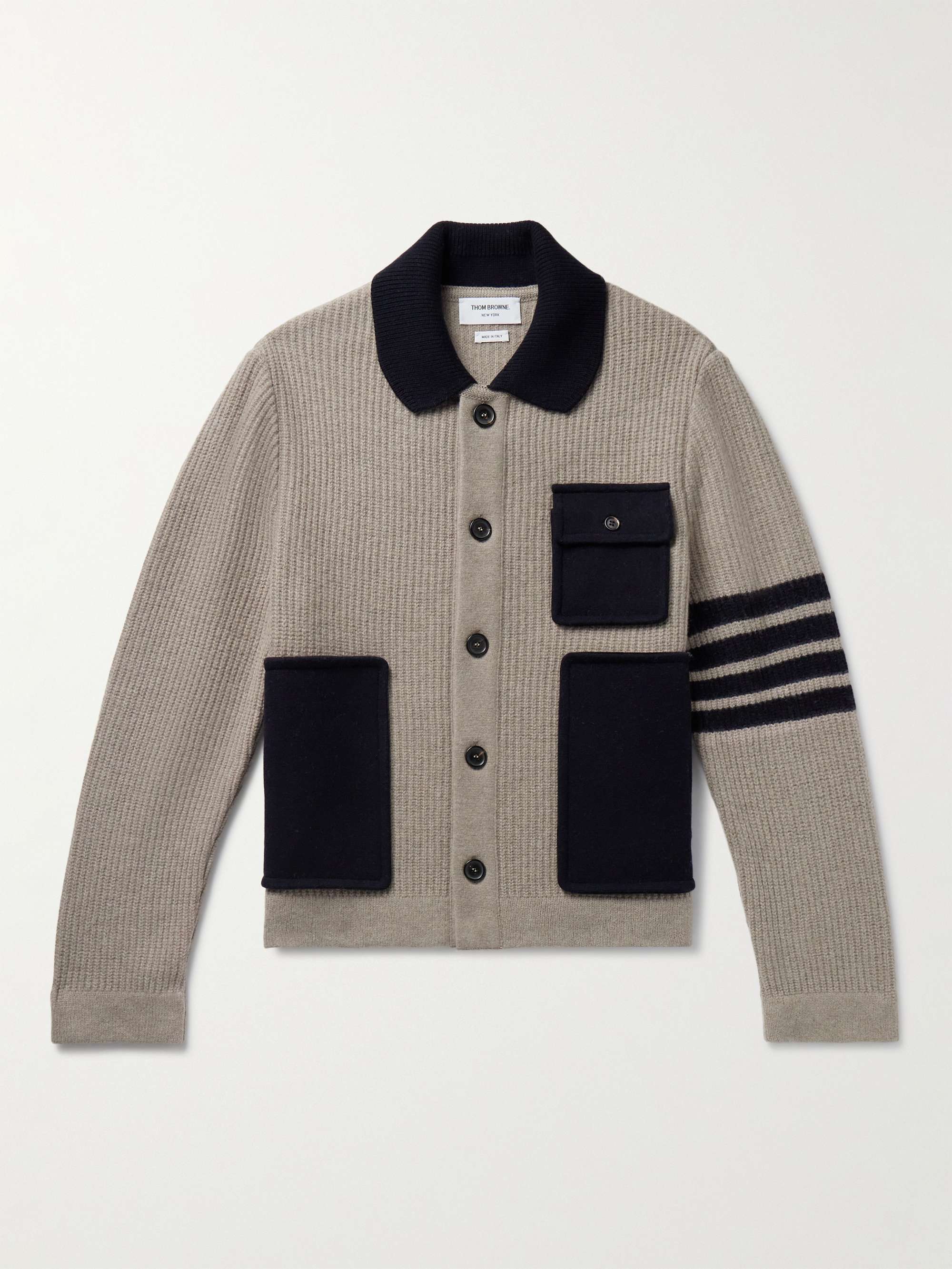 THOM BROWNE Striped Ribbed Virgin Wool Cardigan for Men | MR PORTER