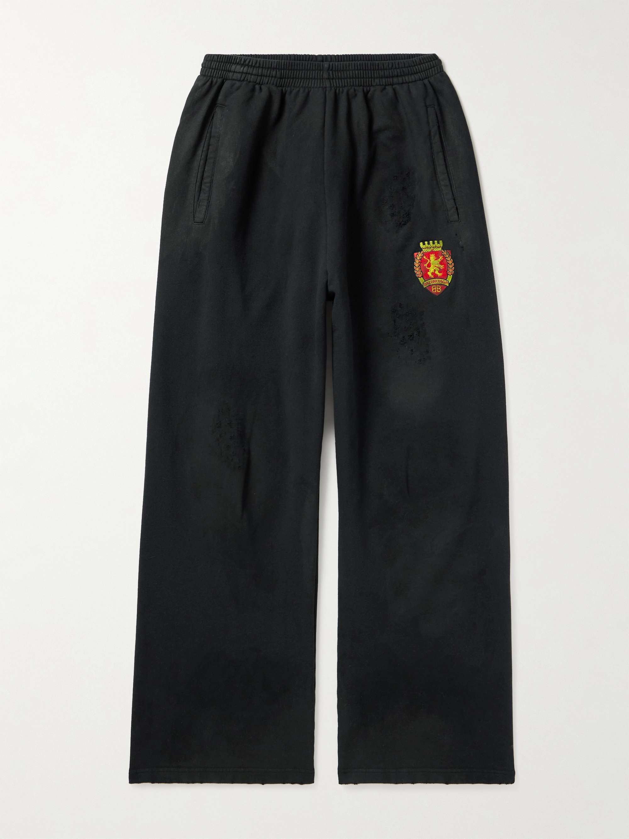 Wide-Leg Distressed Logo-Appliquéd Cotton-Jersey Sweatpants