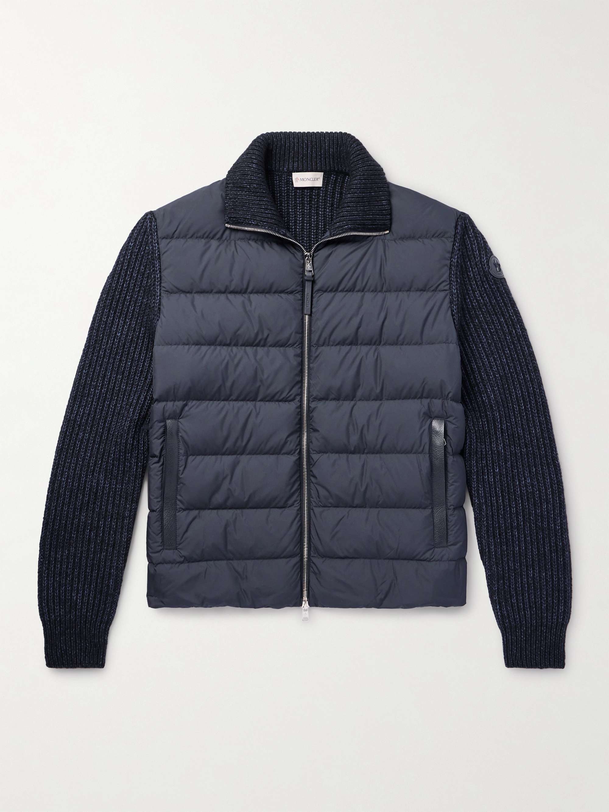 Leather-Trimmed Quilted Shell and Ribbed Cotton and Wool-Blend Down Jacket