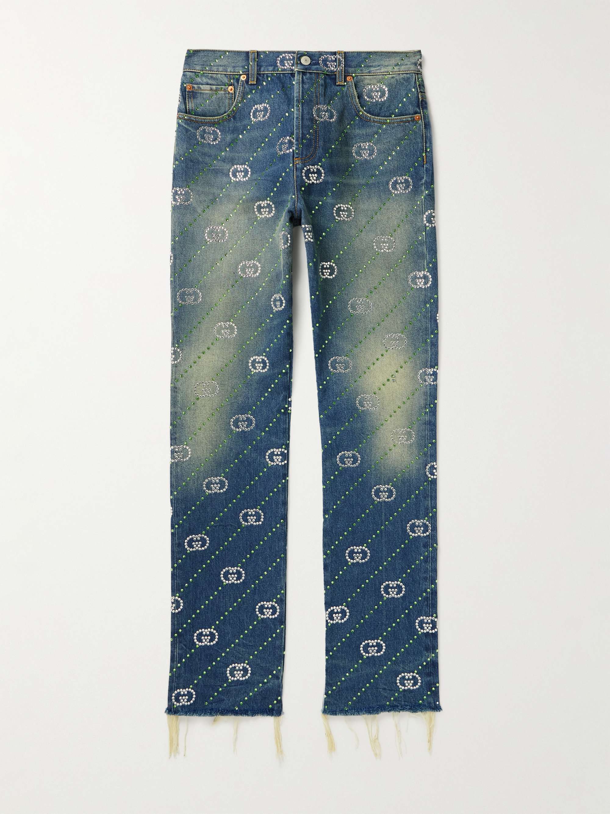 Straight-Leg Frayed Crystal-Embellished Jeans