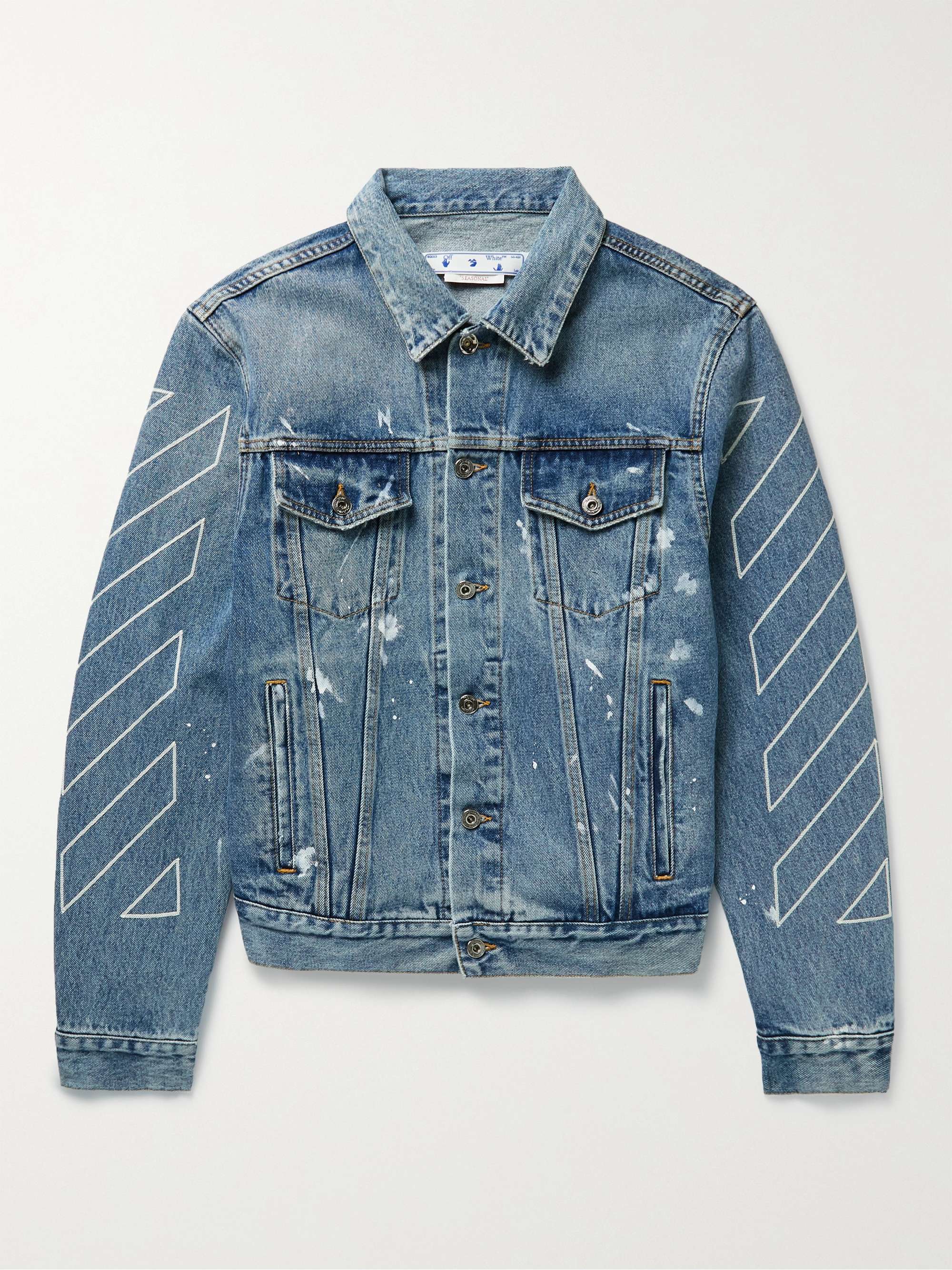 Distressed Paint-Splattered Embroidered Denim Jacket