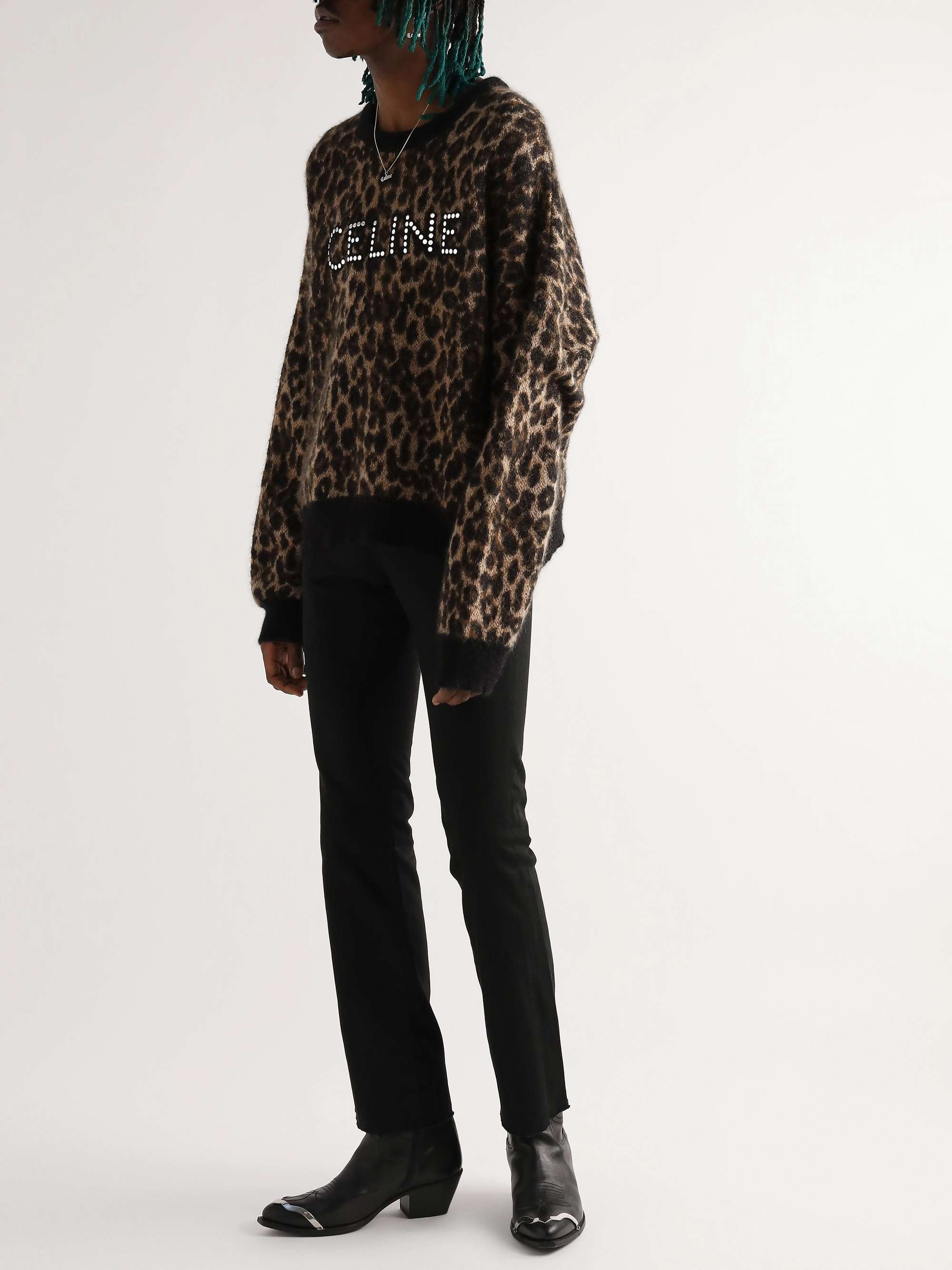 CELINE Studded Leopard-Print Mohair-Blend Sweater