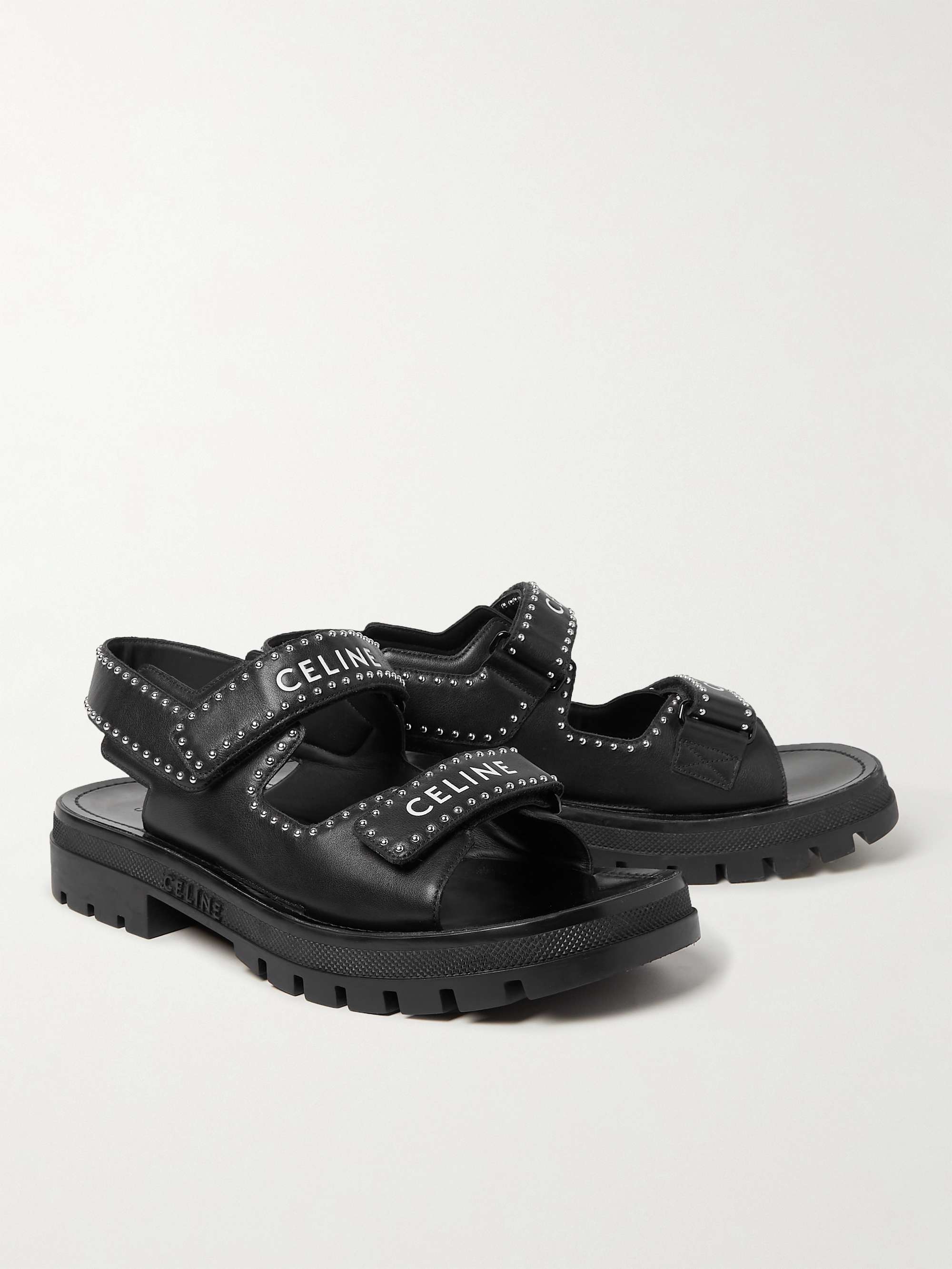 CELINE Studded Logo-Print Leather Sandals