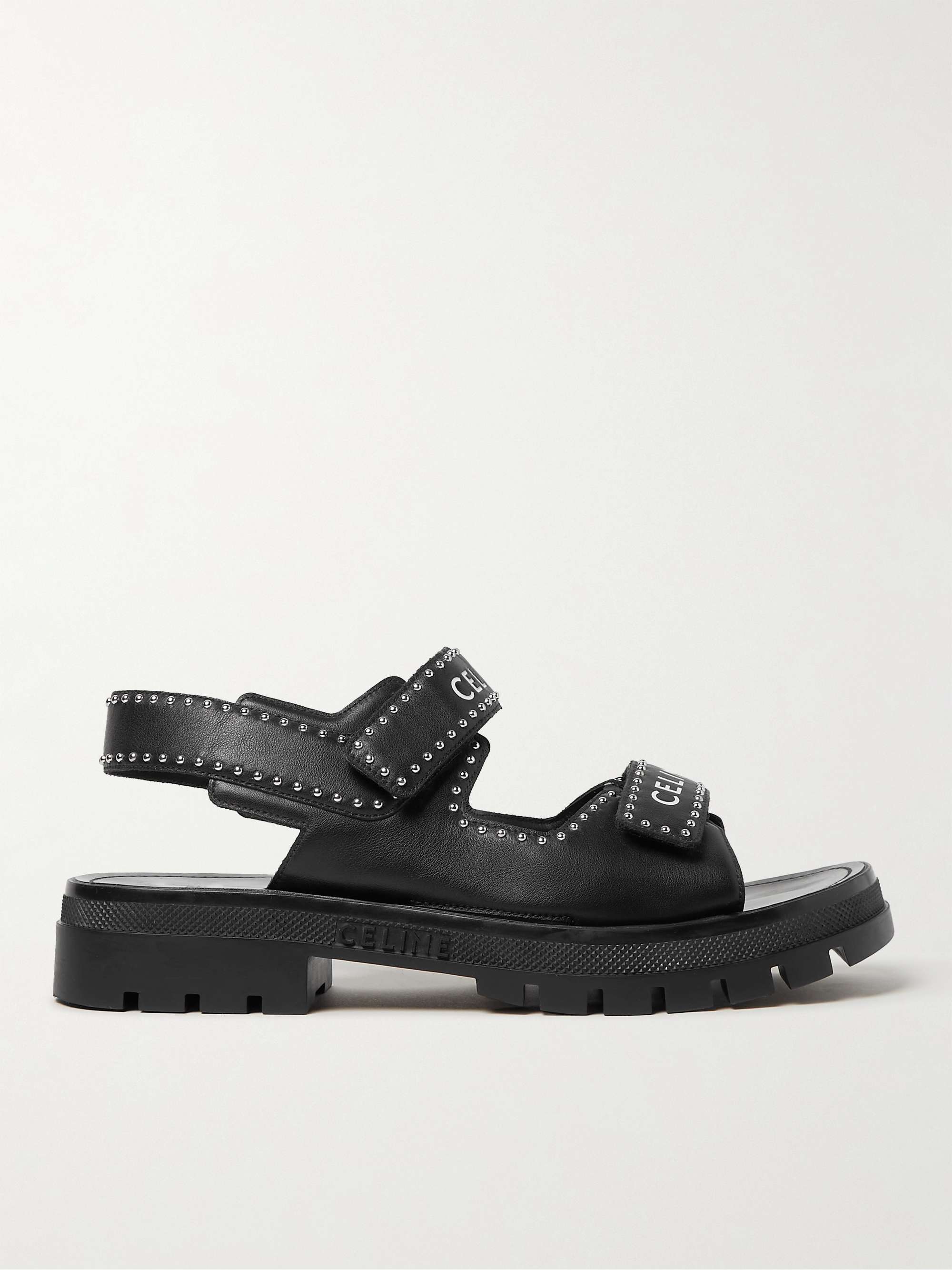 CELINE Studded Logo-Print Leather Sandals