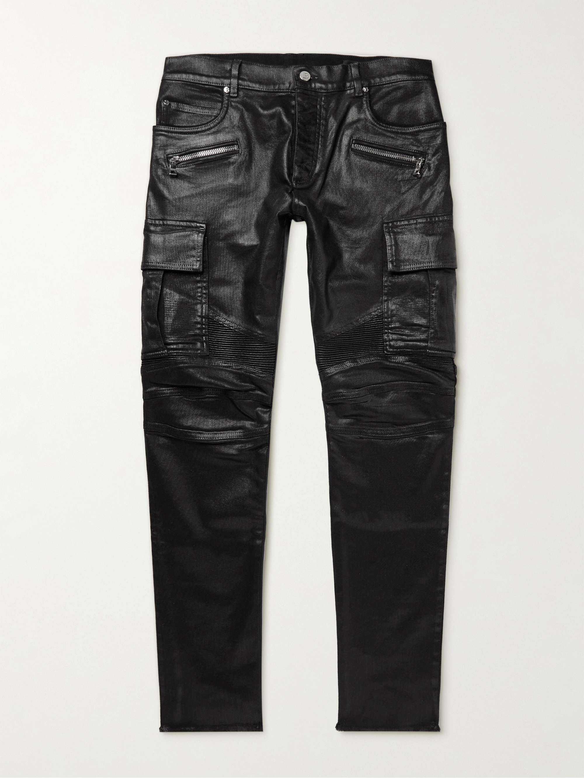 BALMAIN Slim-Fit Tapered Panelled Ribbed Coated Cargo Jeans for