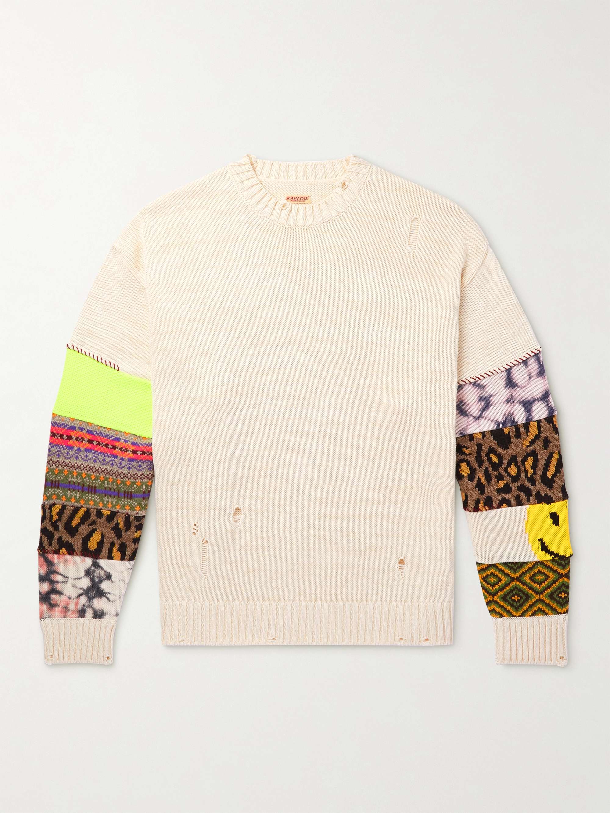 Distressed Jacquard-Knit Sweater
