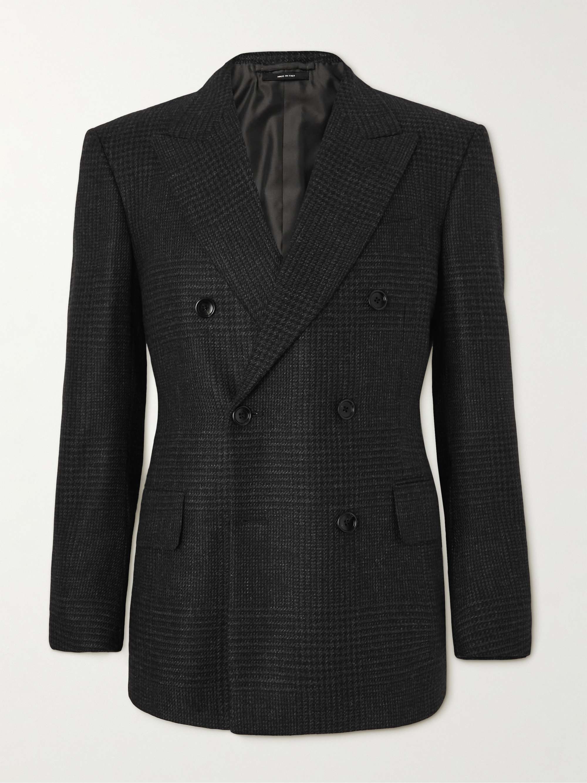 Slim Solid Black Wool-blend Double Breasted Suit Jacket