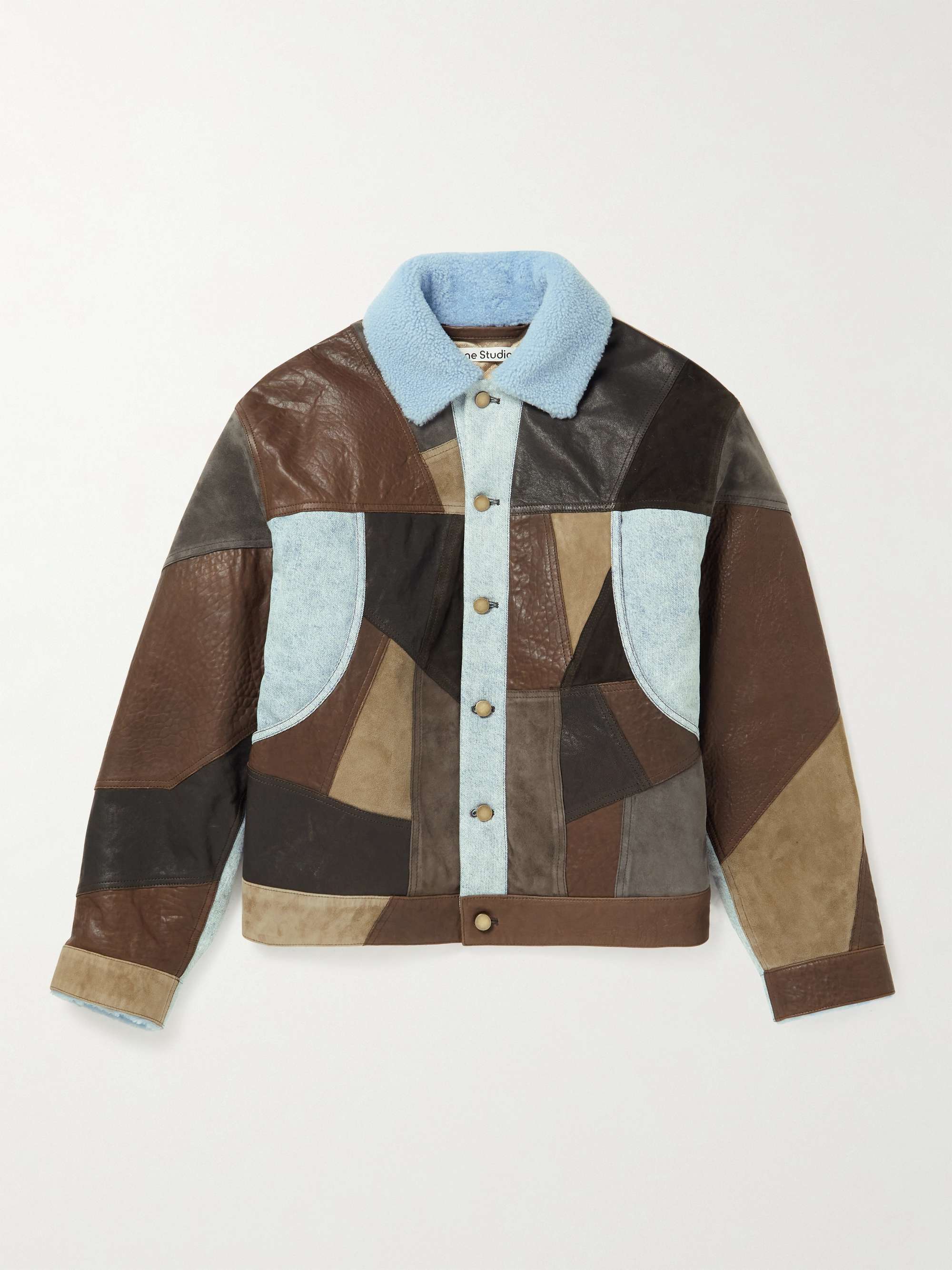 Shearling-Trimmed Patchwork Leather and Denim Jacket