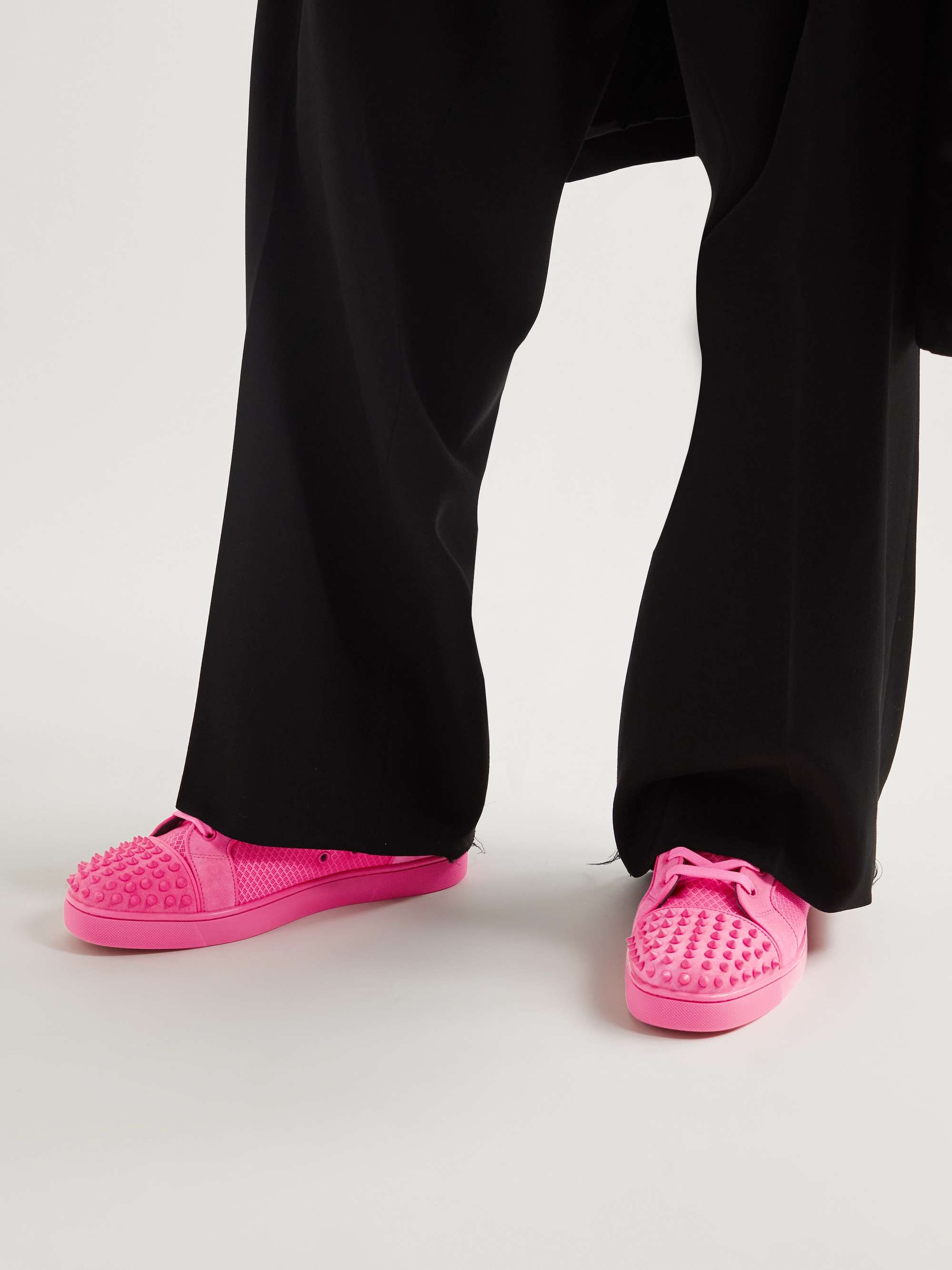 CHRISTIAN LOUBOUTIN Louis Spiked Glitter Suede-Trimmed Leather High-Top Sneakers