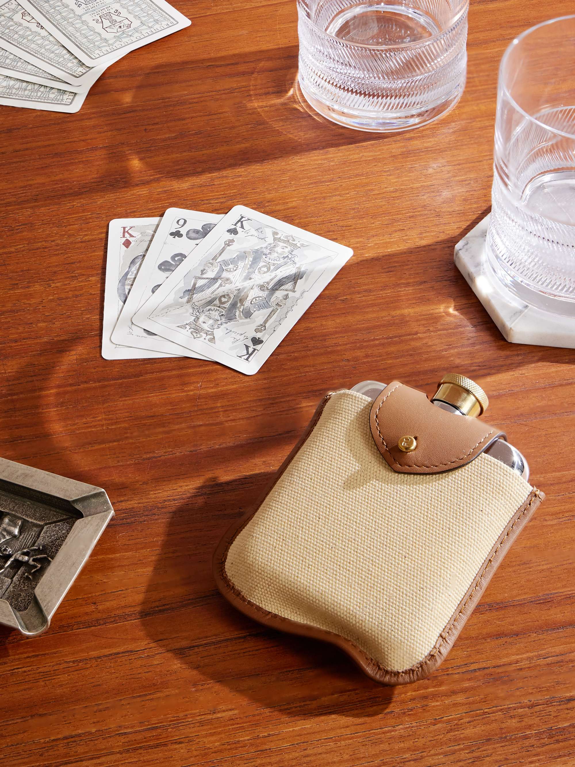 RALPH LAUREN HOME Garret Leather, Canvas, Stainless Steel and Brass Hip Flask Set