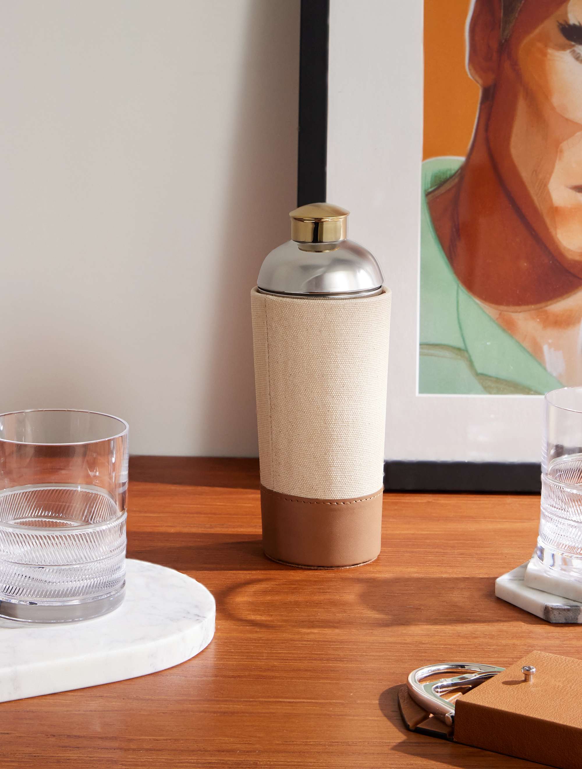 RALPH LAUREN HOME Garrett Silver-Tone, Gold-Tone, Canvas and Leather Cocktail Shaker