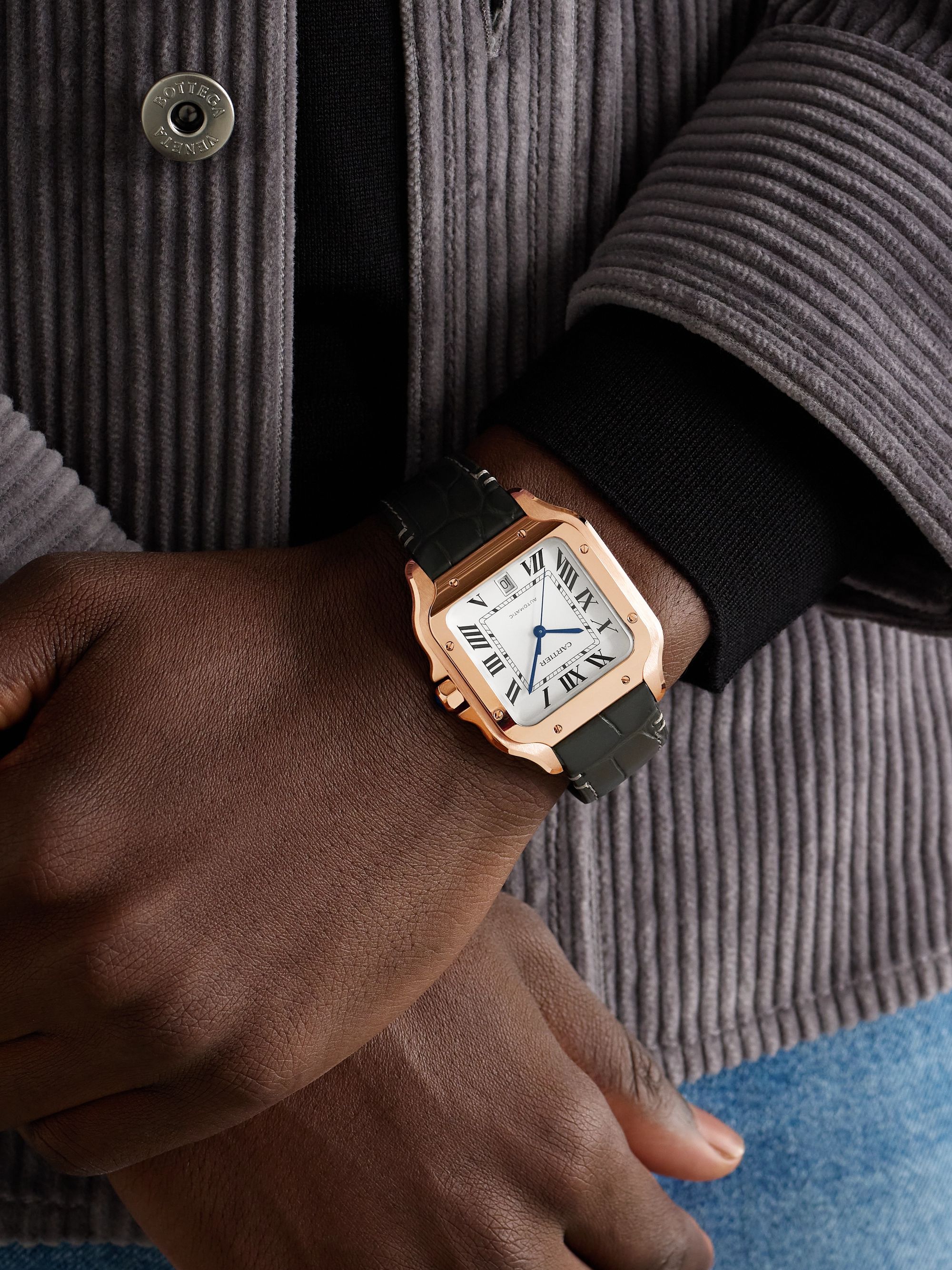 CARTIER Santos Automatic 39.8mm 18-Karat Rose Gold Interchangeable Alligator and Leather Watch, Ref. No. WGSA0011