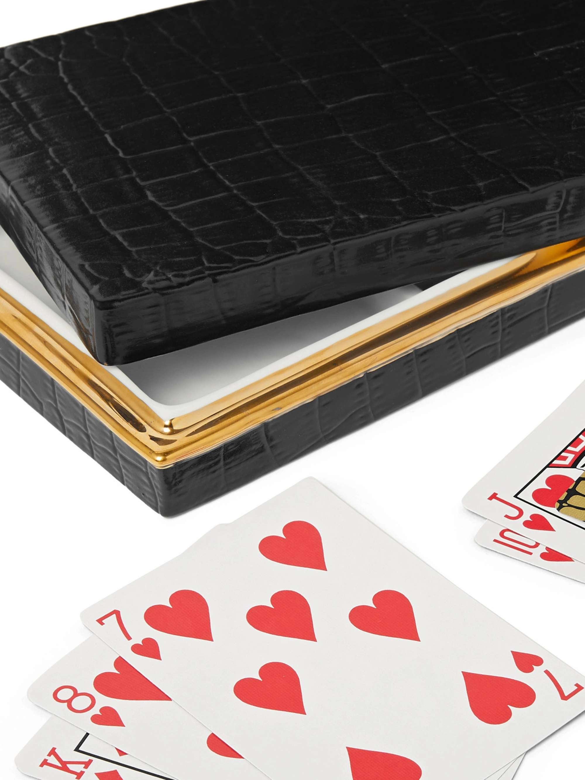 L'OBJET Crocodile-Effect Gold-Plated Porcelain Box with Two Decks of Playing Cards