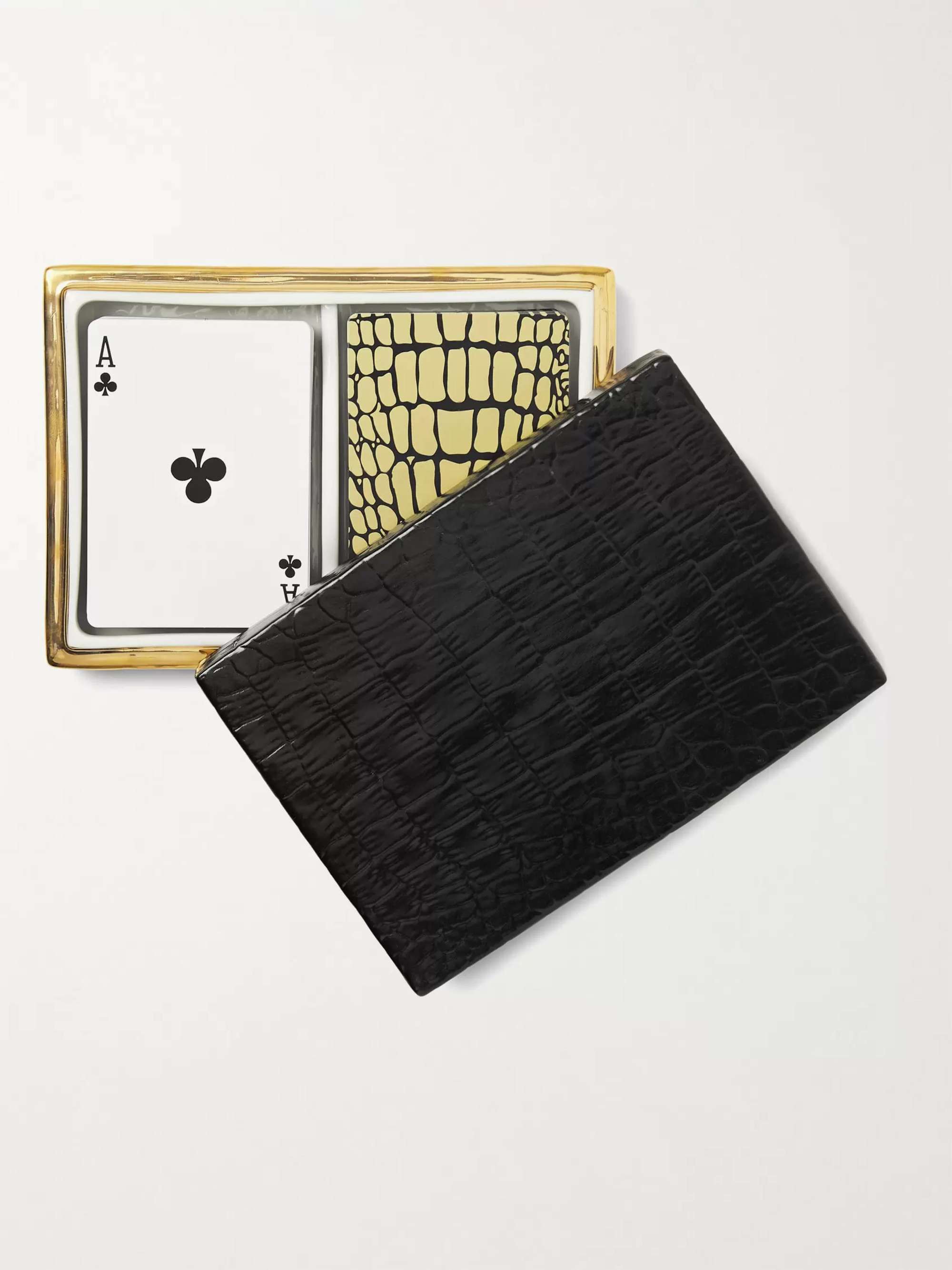 L'OBJET Crocodile-Effect Gold-Plated Porcelain Box with Two Decks of Playing Cards