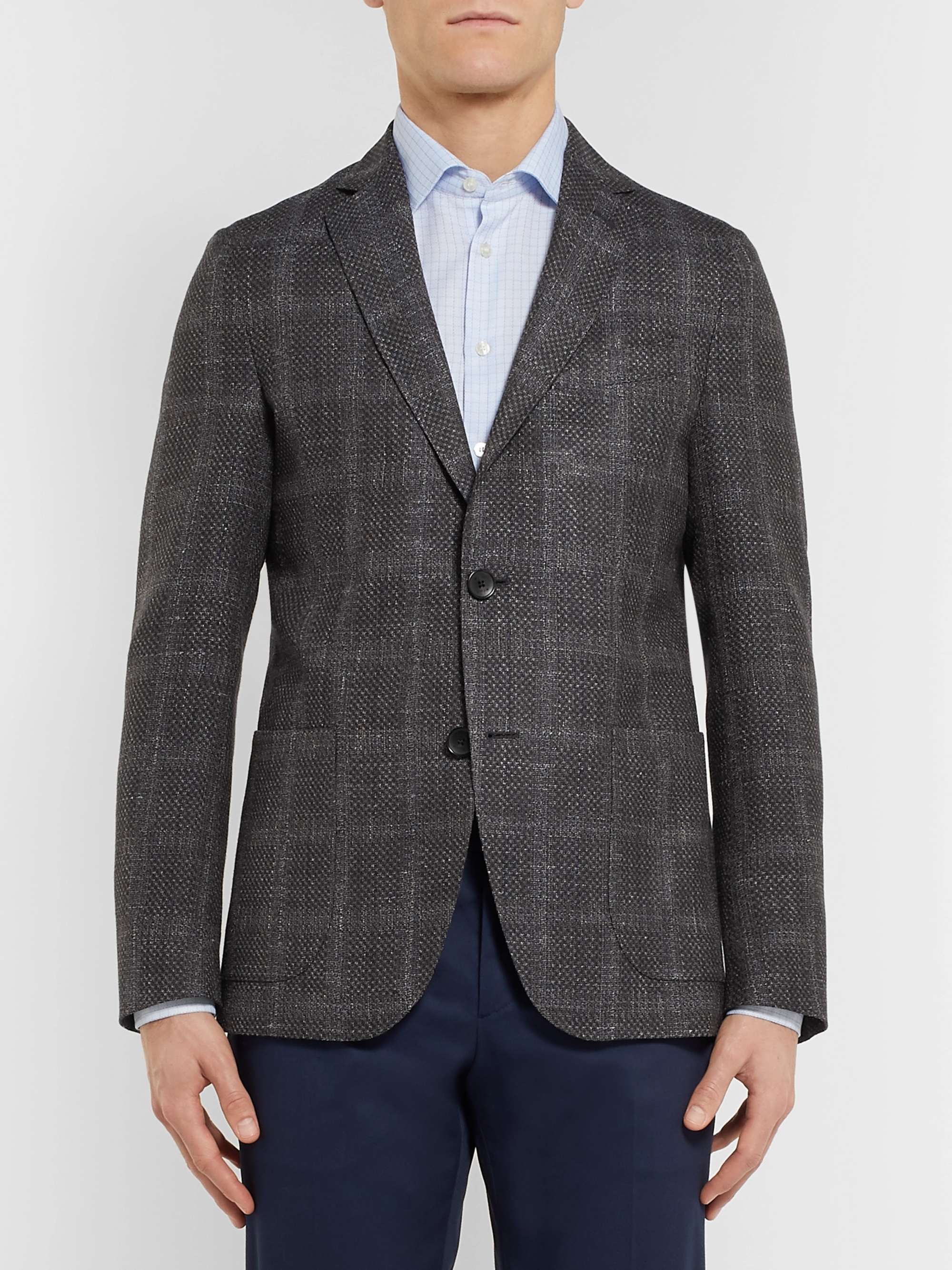 ETRO Grey Checked Wool, Silk and Linen-Blend Blazer
