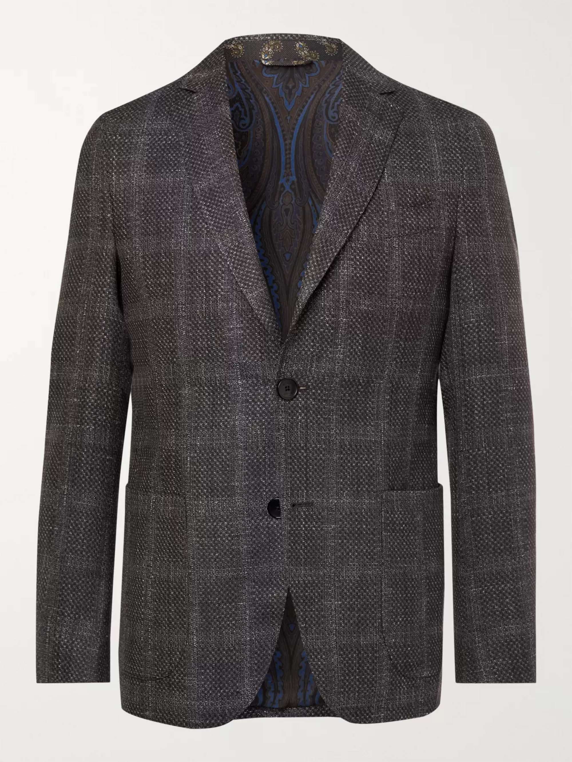 ETRO Grey Checked Wool, Silk and Linen-Blend Blazer