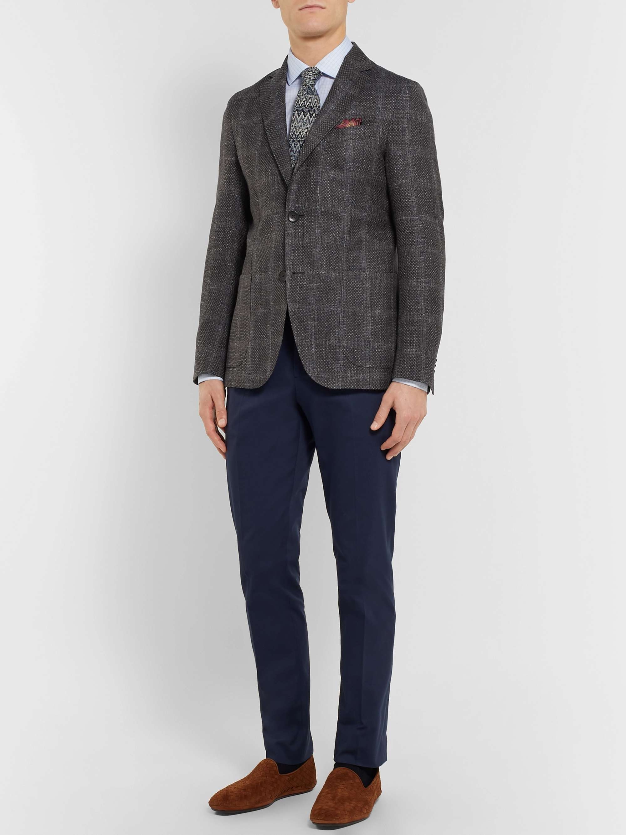 ETRO Grey Checked Wool, Silk and Linen-Blend Blazer