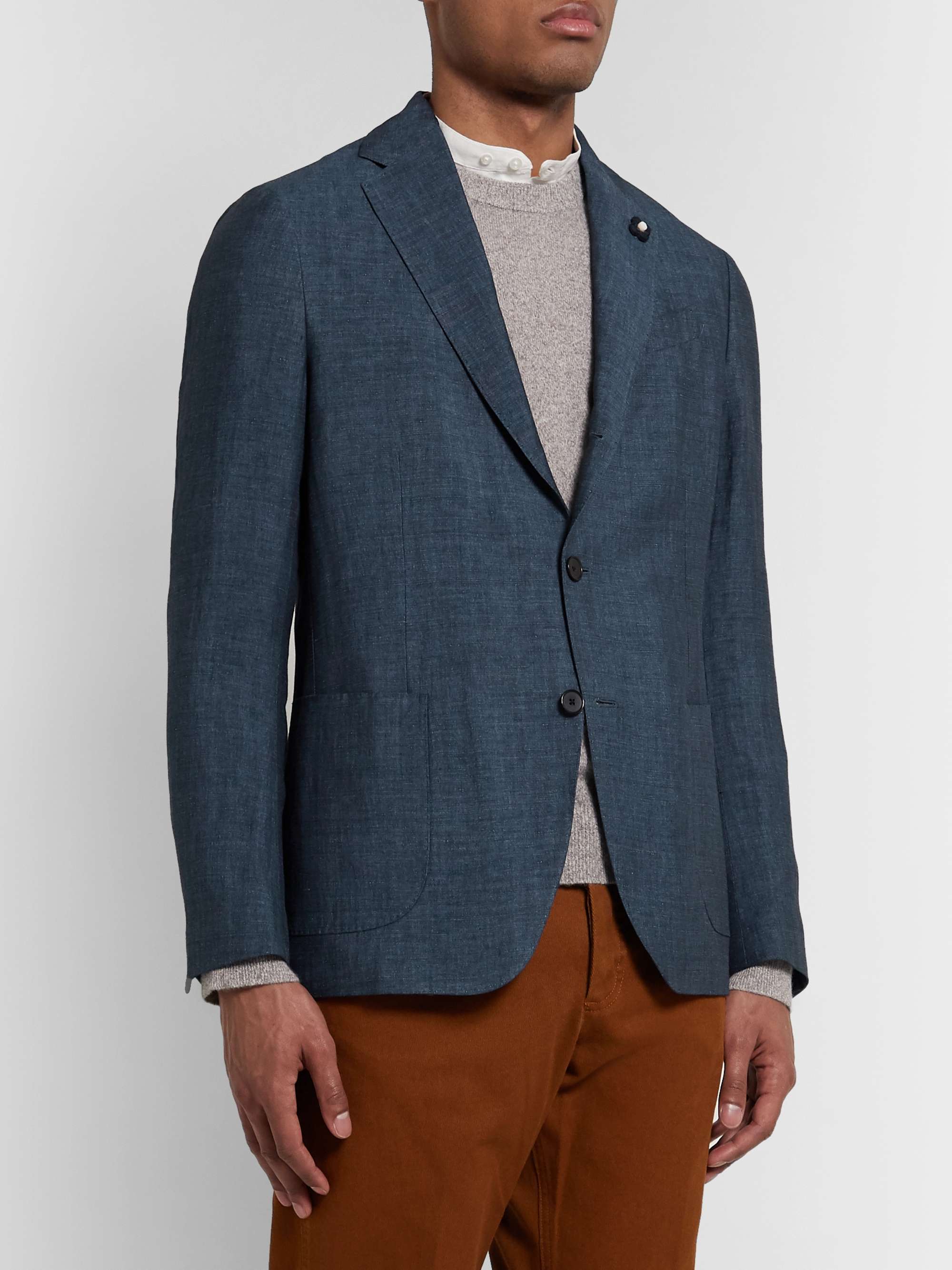 LARDINI Navy Mélange Linen and Tencel-Blend Blazer