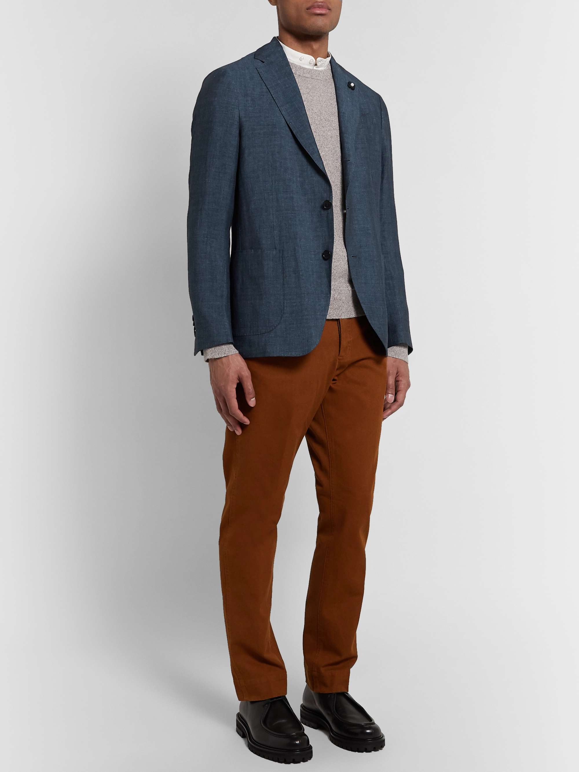 LARDINI Navy Mélange Linen and Tencel-Blend Blazer