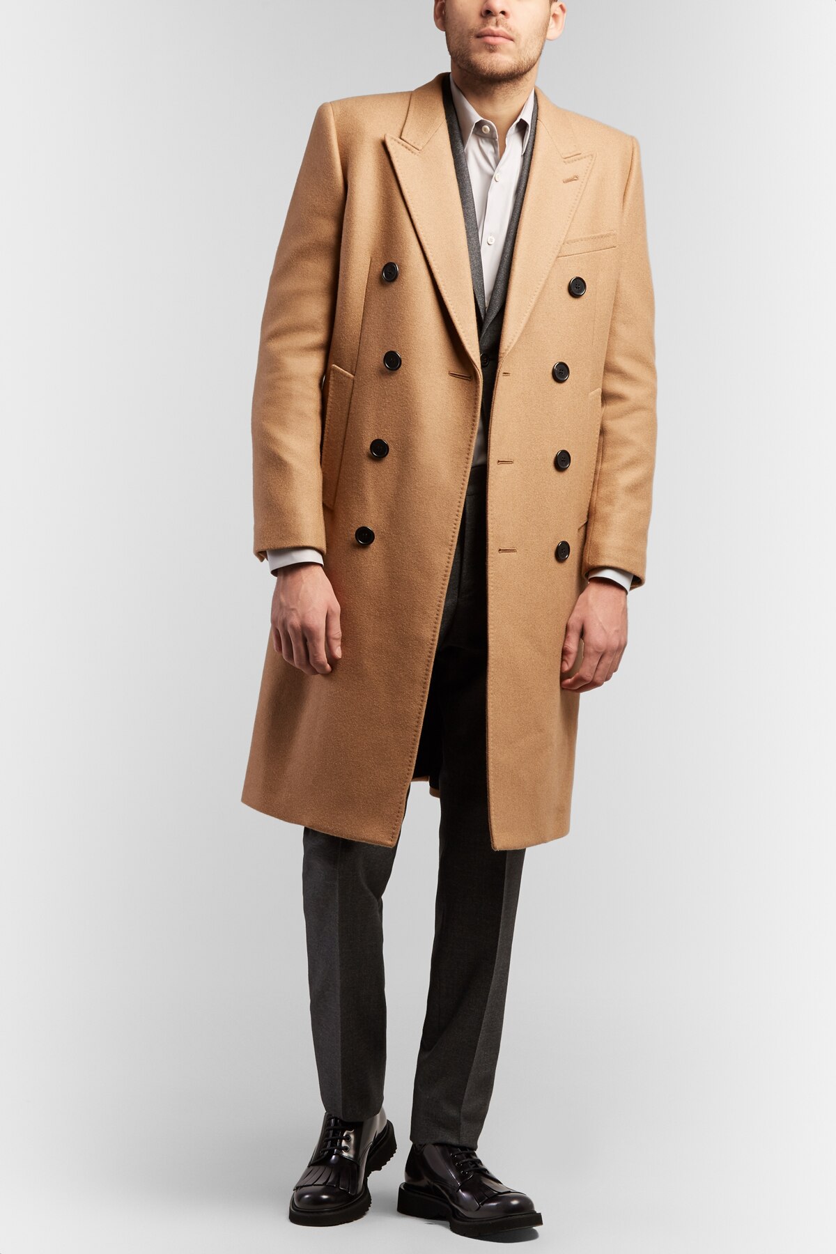 slim fit camel overcoat