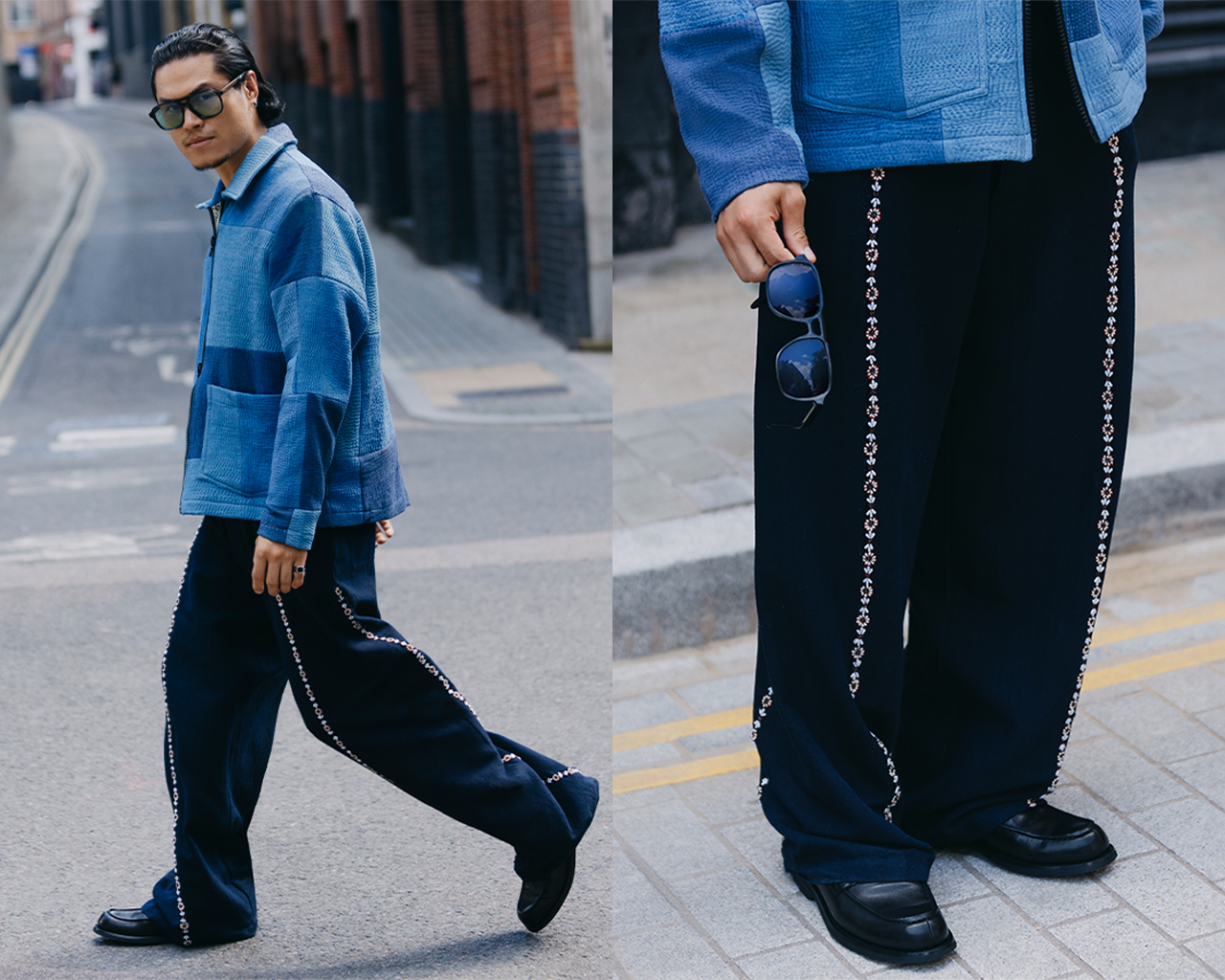 美品 KARTIK RESEARCH 刺繍 パッチワーク ブルゾン M Kartik Research Men's Patchwork Zip Jacket in Blue/White/Navy