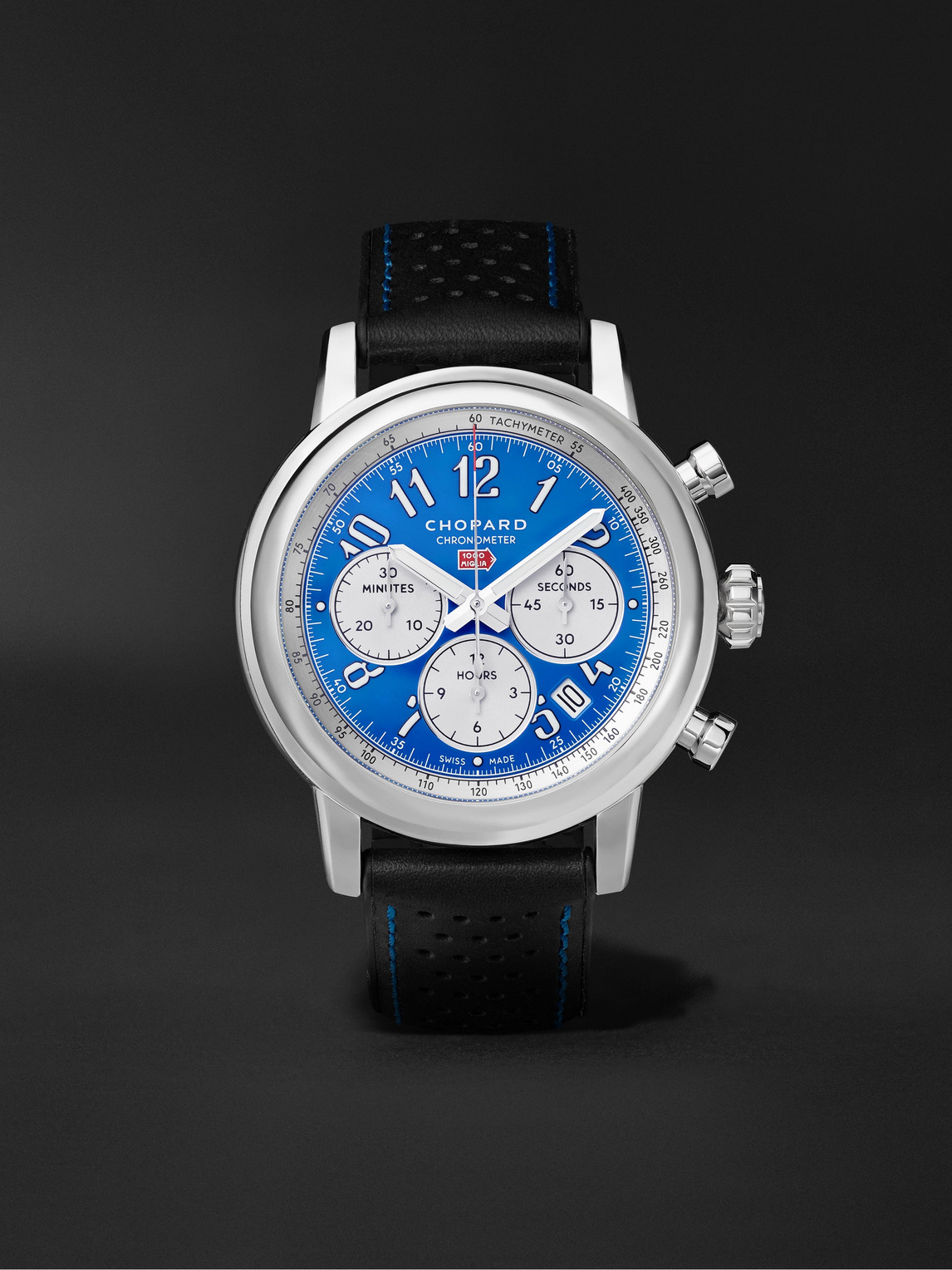 Chopard Mille Miglia Classic Racing Chronograph Automatic 42mm Stainless Steel And Perforated Leather Watch, In Blue