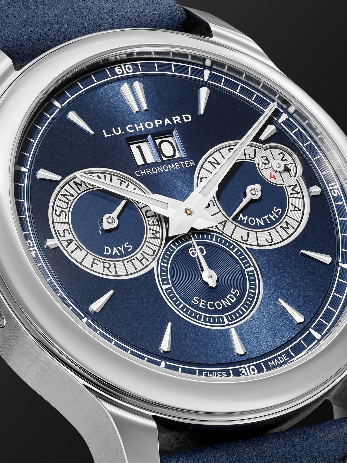 Shop Chopard L.u.c Perpetual Twin Automatic Perpetual Calendar 43mm Stainless Steel And Nubuck Watch, Ref. No. 16 In Blue