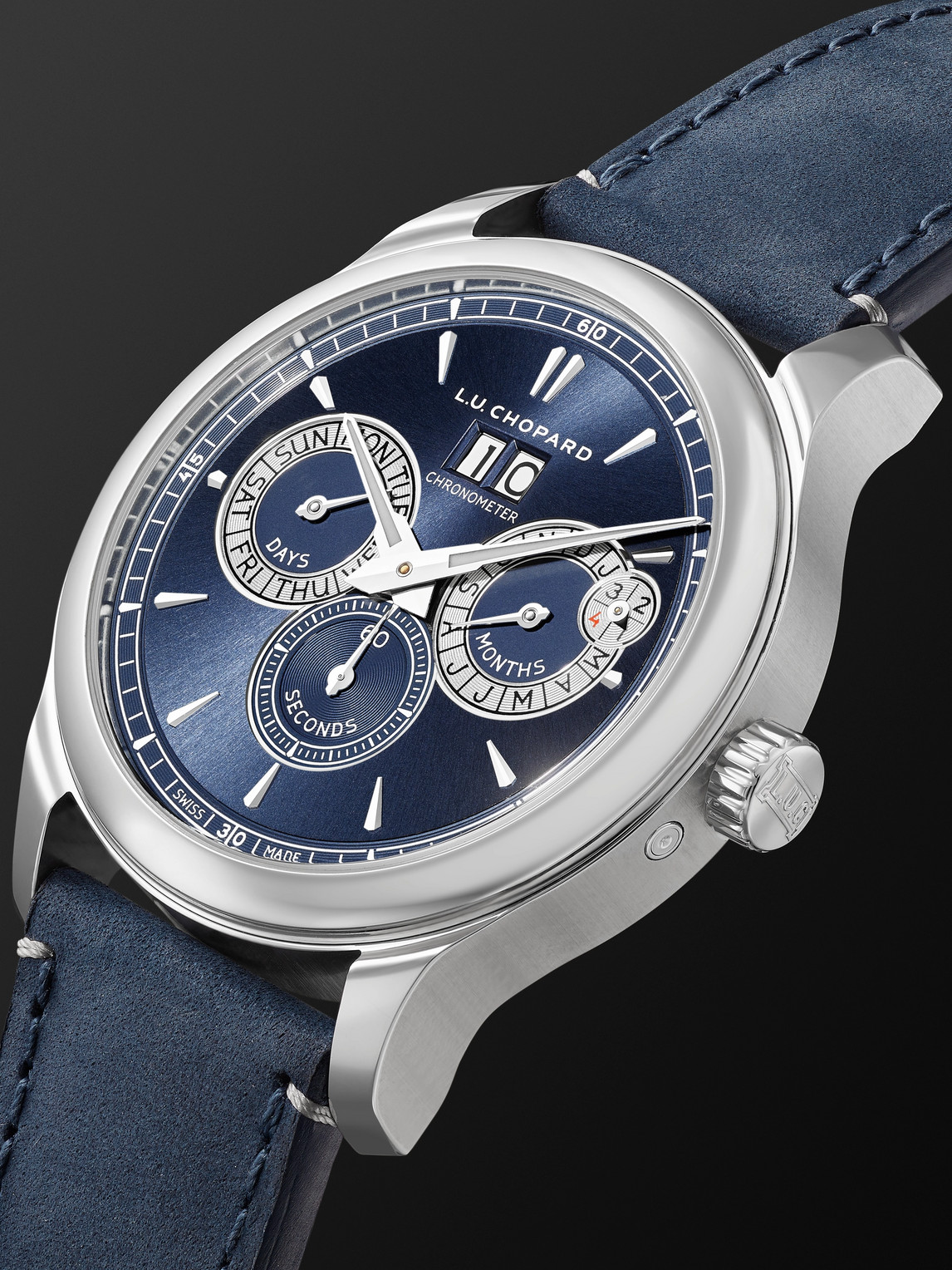 Shop Chopard L.u.c Perpetual Twin Automatic Perpetual Calendar 43mm Stainless Steel And Nubuck Watch, Ref. No. 16 In Blue