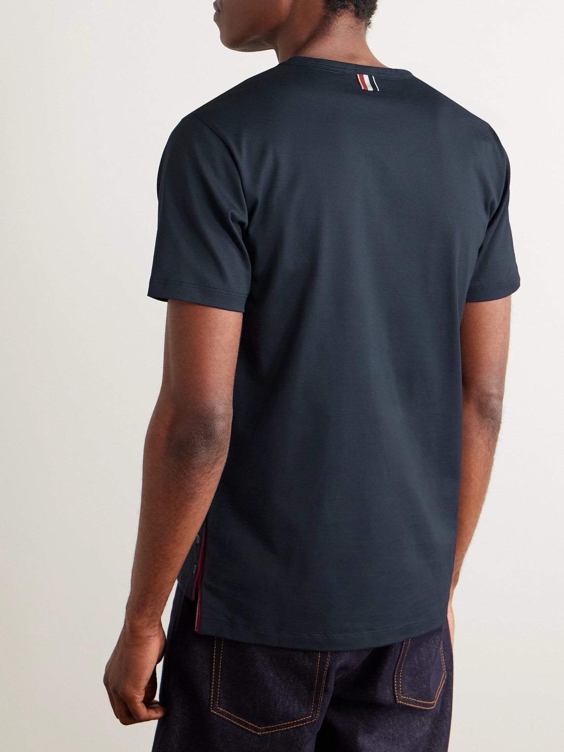 Shop Thom Browne Slim-fit Grosgrain-trimmed Cotton-jersey T-shirt In Navy