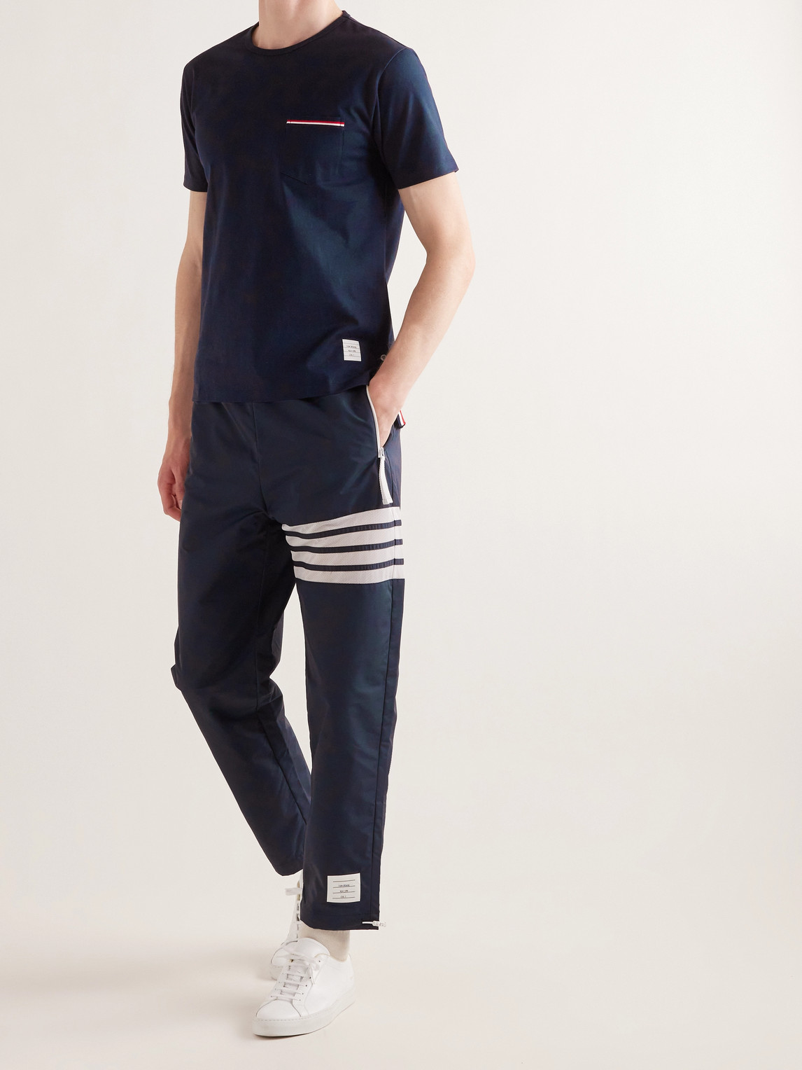 Shop Thom Browne Slim-fit Grosgrain-trimmed Cotton-jersey T-shirt In Navy