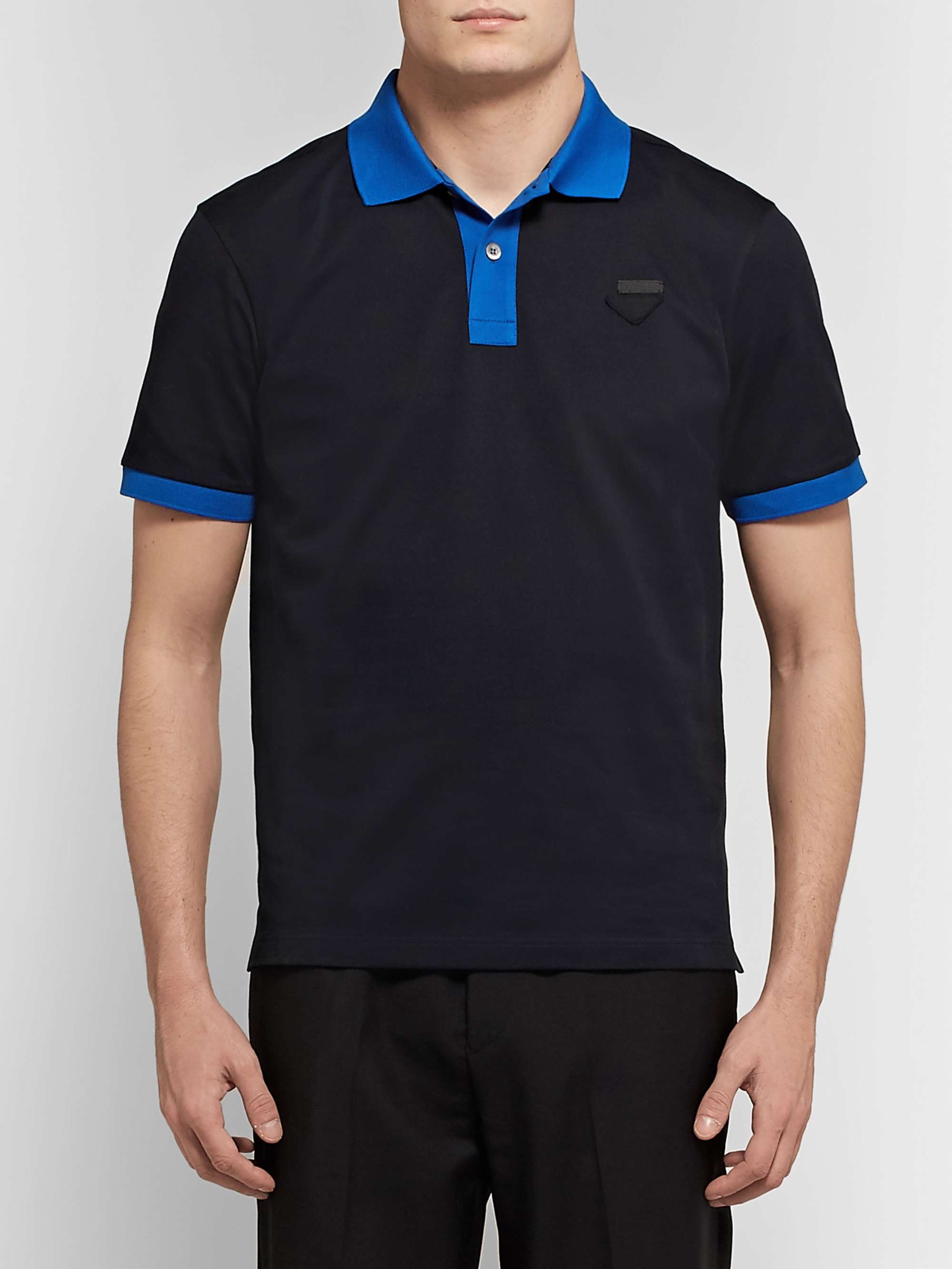 PRADA Slim-Fit Logo-Appliquéd Contrast-Tipped Cotton-Piqué Polo Shirt
