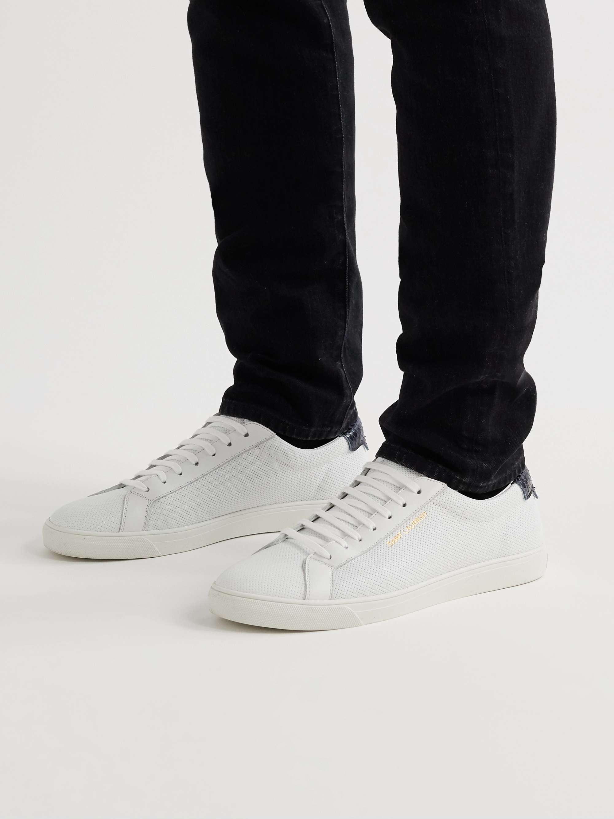 SAINT LAURENT Andy Snake Effect-Trimmed Perforated Leather Sneakers